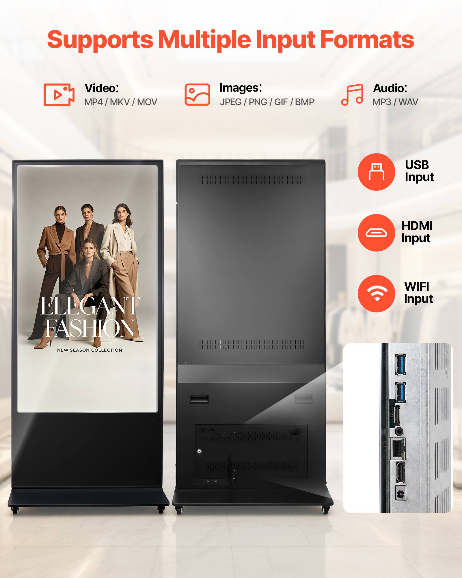 Supports Multiple Input Formats

Video: MP4 / MKV / MOV

Images: JPEG / PNG / GIF / BMP

Audio: MP3 / WAV

USB Input

HDMI Input

WIFI Input

ELEGANT FASHION NEW SEASON COLLECTION