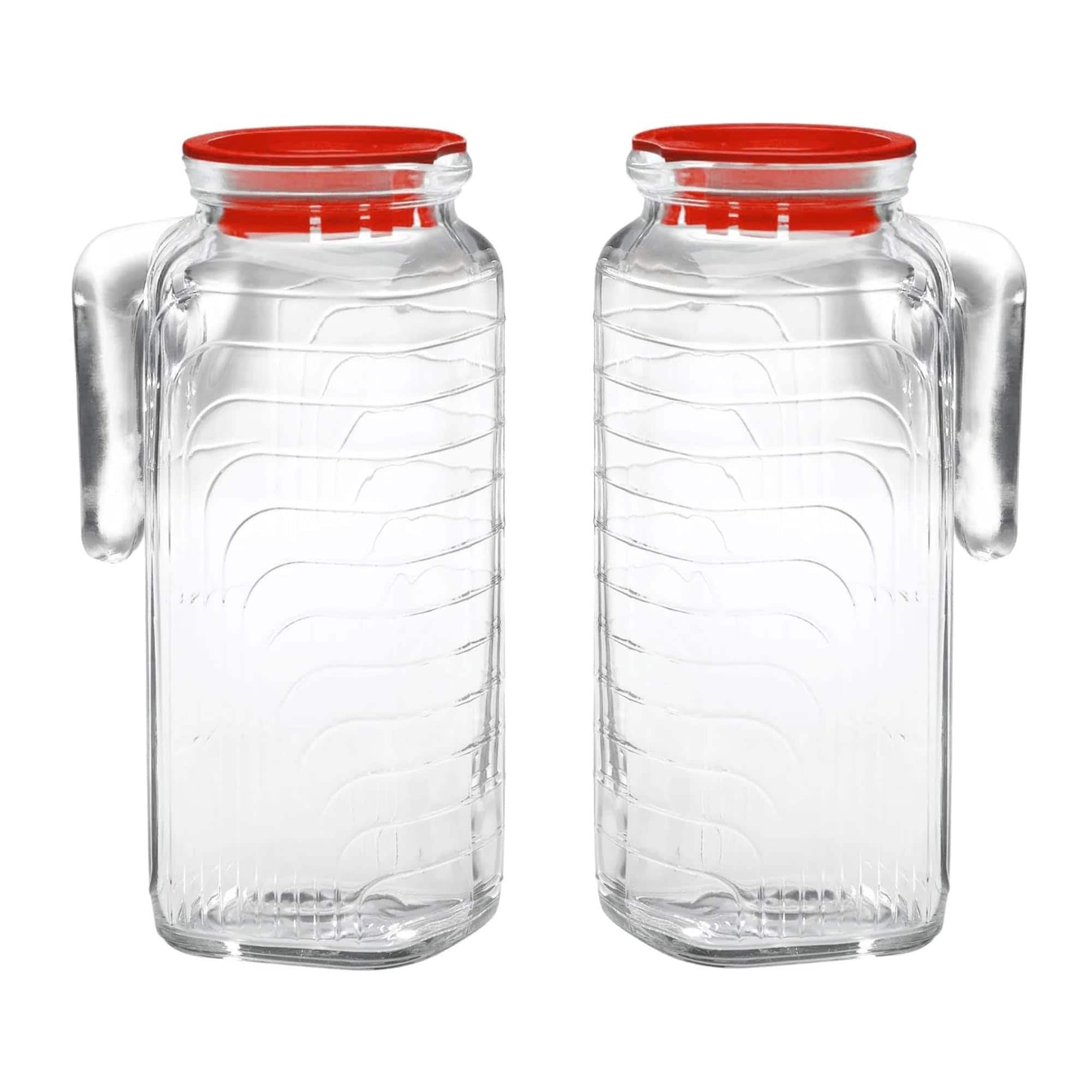 Bormioli Rocco - Gelo Glass Pitchers With Lid, 41 Oz, Set of 2, Red Lid - Clear