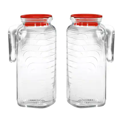 Front. Bormioli Rocco - Bormioli Rocco Gelo Glass Pitchers With Lid, 41 Oz, Set of 2, Red Lid - Clear.