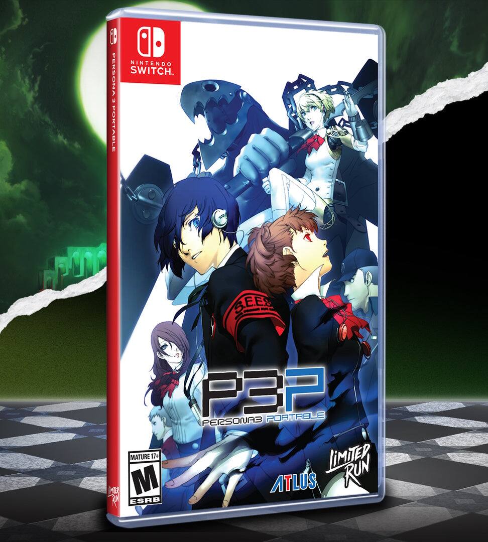 Sure, here is the corrected and grouped text from the image:

---

**Front Cover:**

- **Top Left:** Nintendo Switch
- **Top Right:** Persona 3 Portable
- **Bottom Left:** M (Mature 17+) ESRB
- **Bottom Right:** Limited Run
- **Bottom Center:** Atlus

**Spine:**

- **Top:** Persona 3 Portable
- **Bottom:** Nintendo Switch

**Back Cover:**

- **Top Left:** Persona 3 Portable
- **Top Right:** Limited Run
- **Bottom Left:** M (Mature 17+) ESRB

---