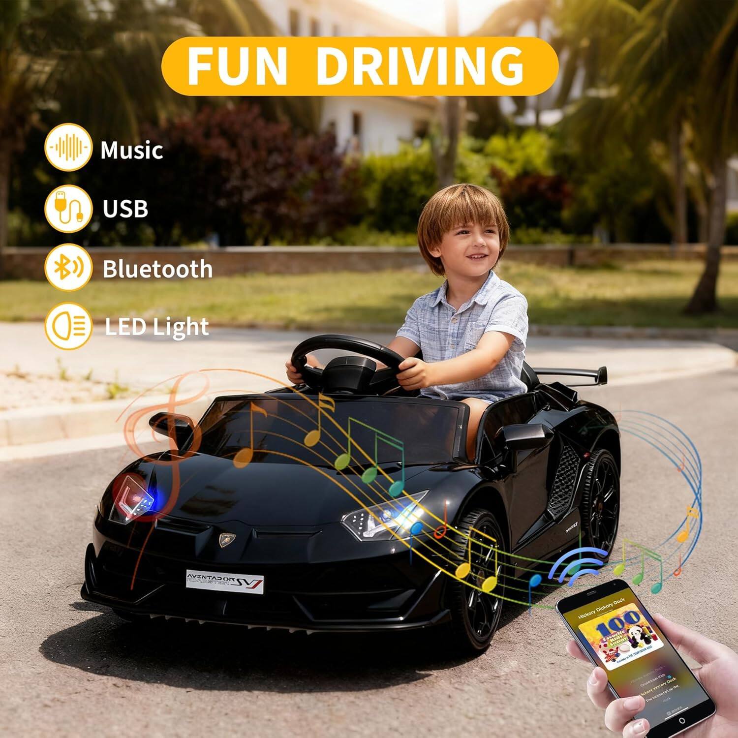 FUN DRIVING  
Music  
USB  
Bluetooth  
LED Light  
AVENTADOR SV  
100