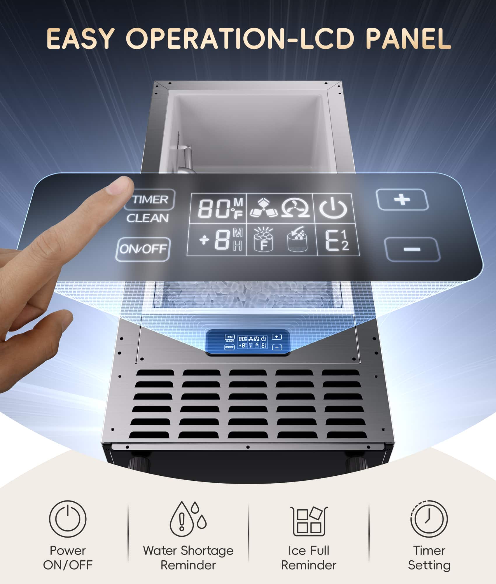 EASY OPERATION-LCD PANEL
TIMER CLEAN ON/OFF
80°F
+8H
F1 E2
Power ON/OFF
Water Shortage Reminder
Ice Full Reminder
Timer Setting