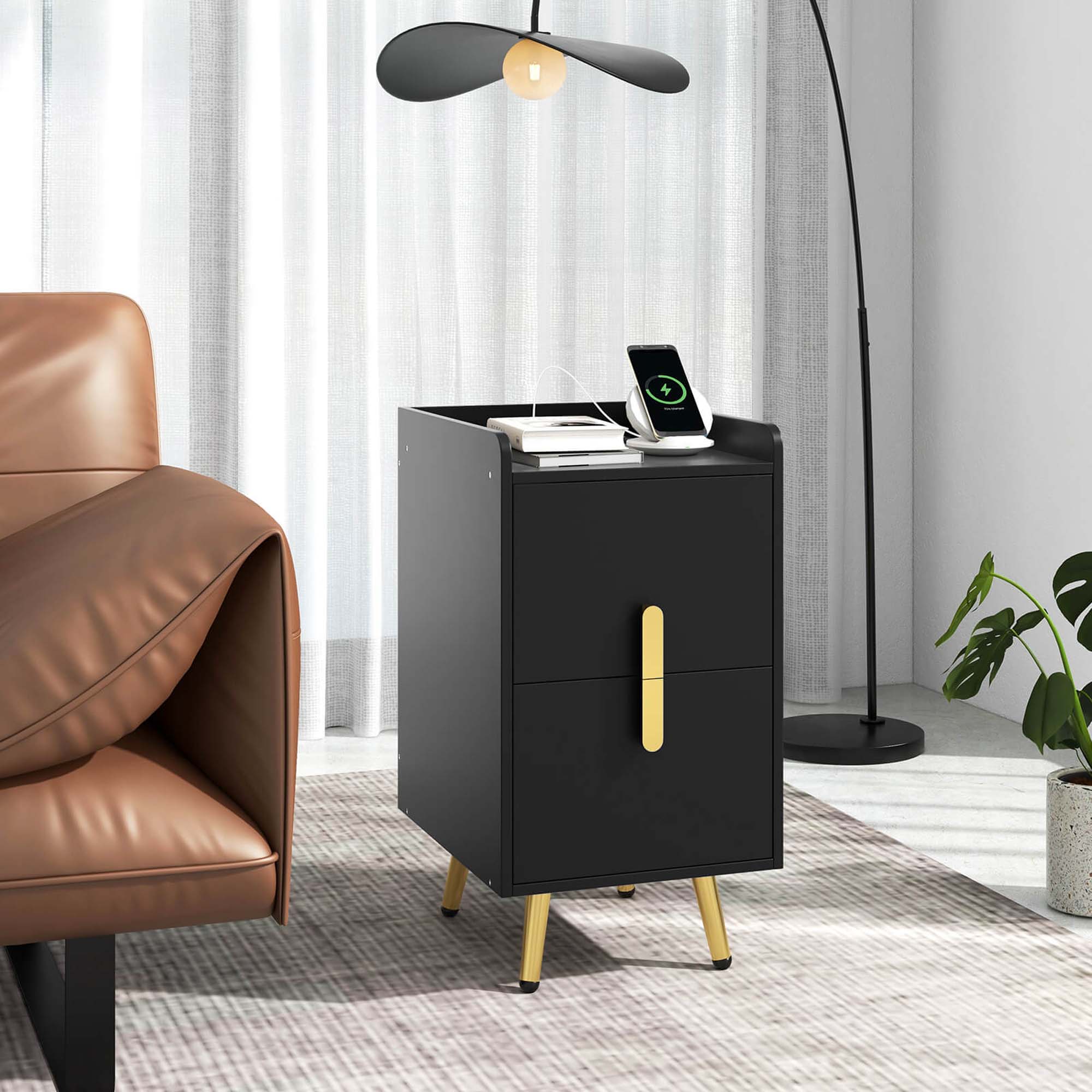 Angle. Costway - Nightstand with Charging Station Home Bedside Sofa Side Tables with 2 Drawers Cafe - Black.