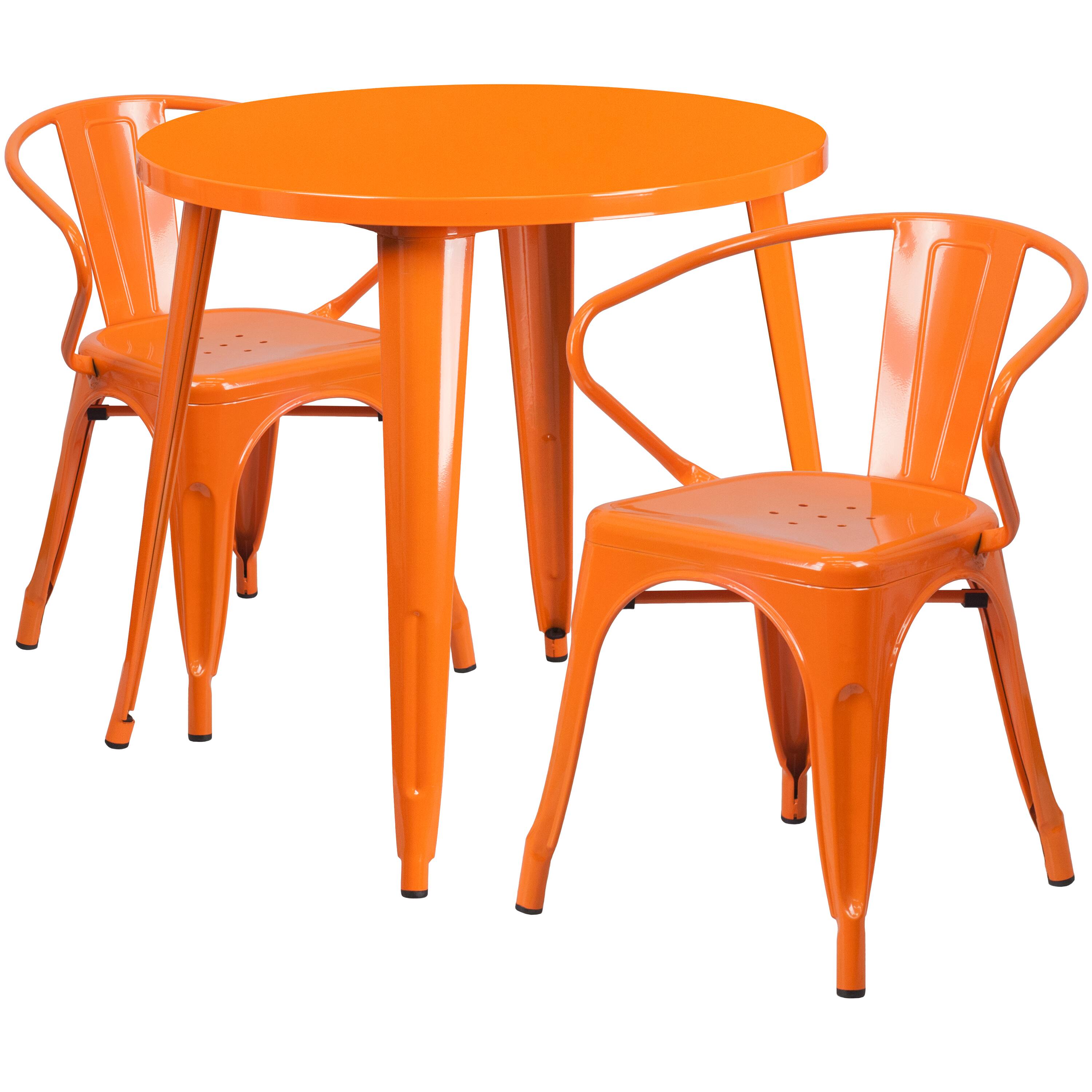 Alt View 1. Emma + Oliver - Commercial Grade 30" Round Metal Indoor-Outdoor Table Set with 2 Arm Chairs - Orange.