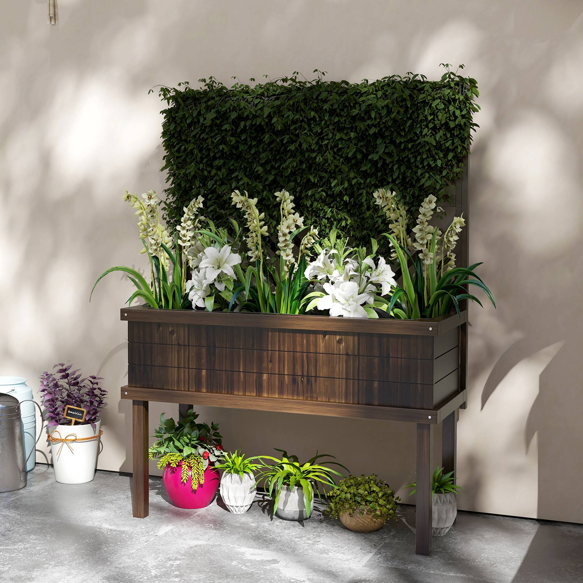 Alt View 1. Outsunny - Raised Garden Bed with Trellis for Climbing Plants, Vegetable, Grape Vines, Elevated Planter Box with Legs - Carbonized.