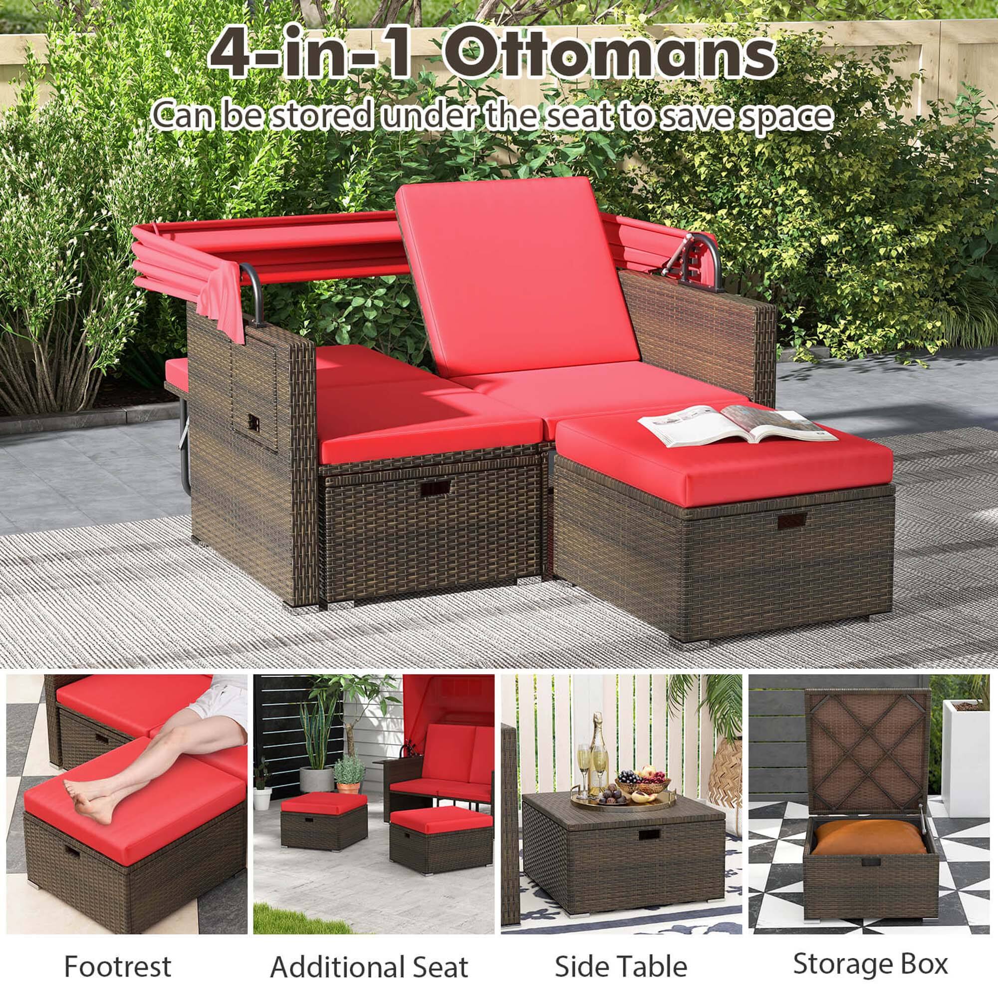 4-in-1 Ottomans: Can be stored under the seat to save space, Footrest, Additional Seat, Side Table, Storage Box.
