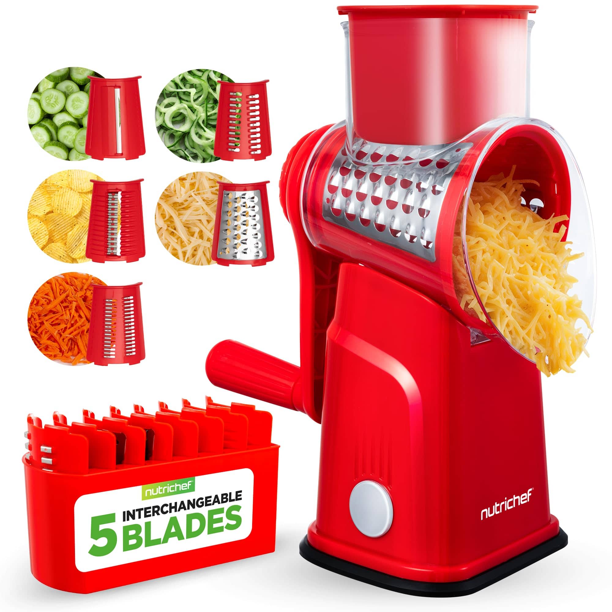 NutriChef - NCCHS5BLDRD 5-in-1 Cheese Grater & Shredder, 5 Blades, Suction Base - Red