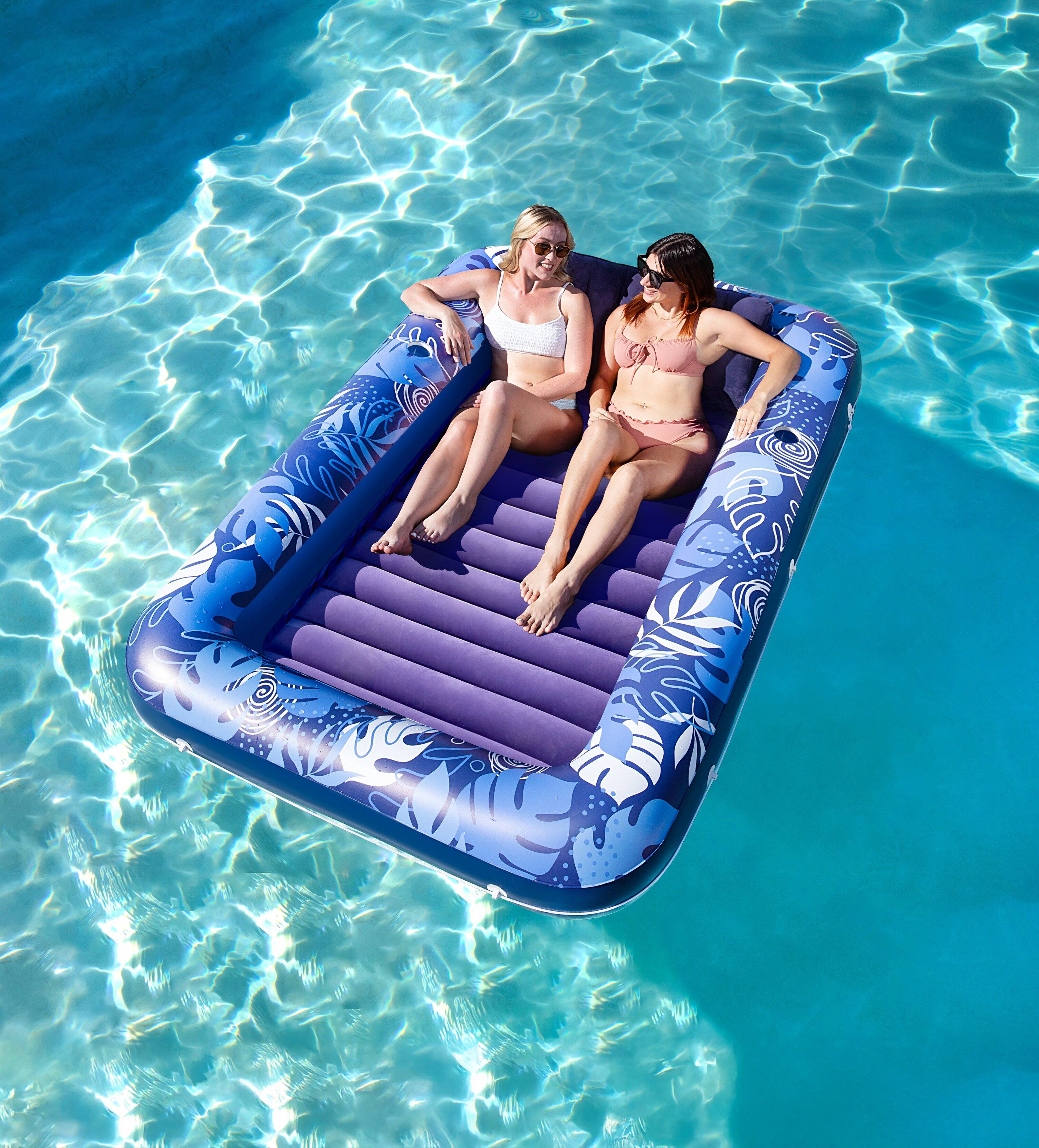 Angle. Joyfy - 85" x 57" Inflatable Tanning Pool Suntan Lounge Lounger Float for Adults Extra Large Suntan Tub (Navy Blue Tropical).