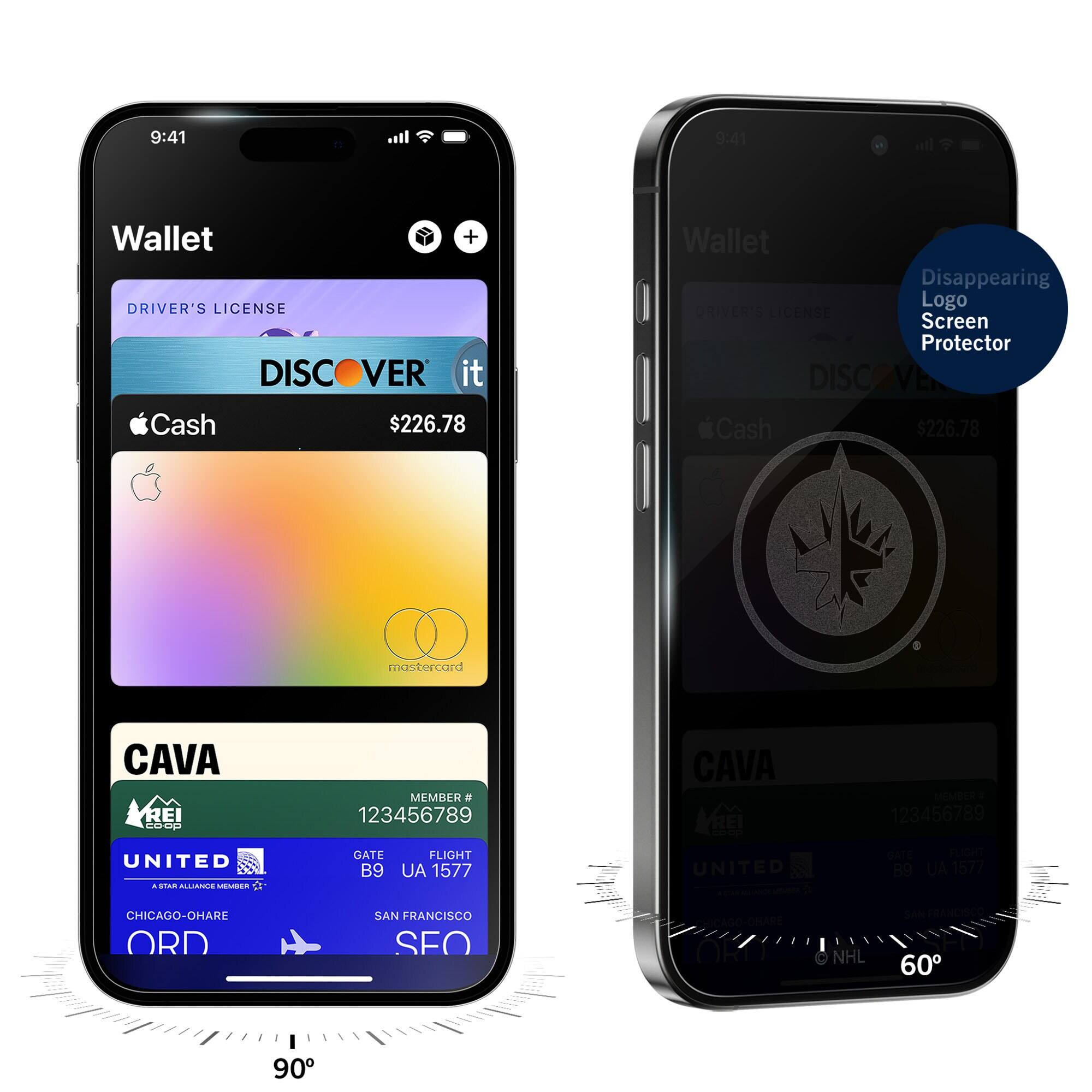 9:41  
Wallet + DRIVER'S LICENSE DISCOVER it Cash $226.78  
Wallet Disappearing Logo DRIVER'S LICENSE Screen Protector DISC Cash $226.78  
mastercard  
CAVA REI coop  
MEMBER # 123456789  
CAVA REI coop  
MEMBER 123456789  
UNITED A STAR ALLIANCE MEMBER  
GATE B9  
FLIGHT UA 1577  
UNITED  
GATE FLIGHT B9 AU 1577  
CHICAGO-OHARE ORD  
SAN FRANCISCO SFO  
CHICAGO-OHARE ORD  
SAN FRANCISCO SFO  
C NHL  
60