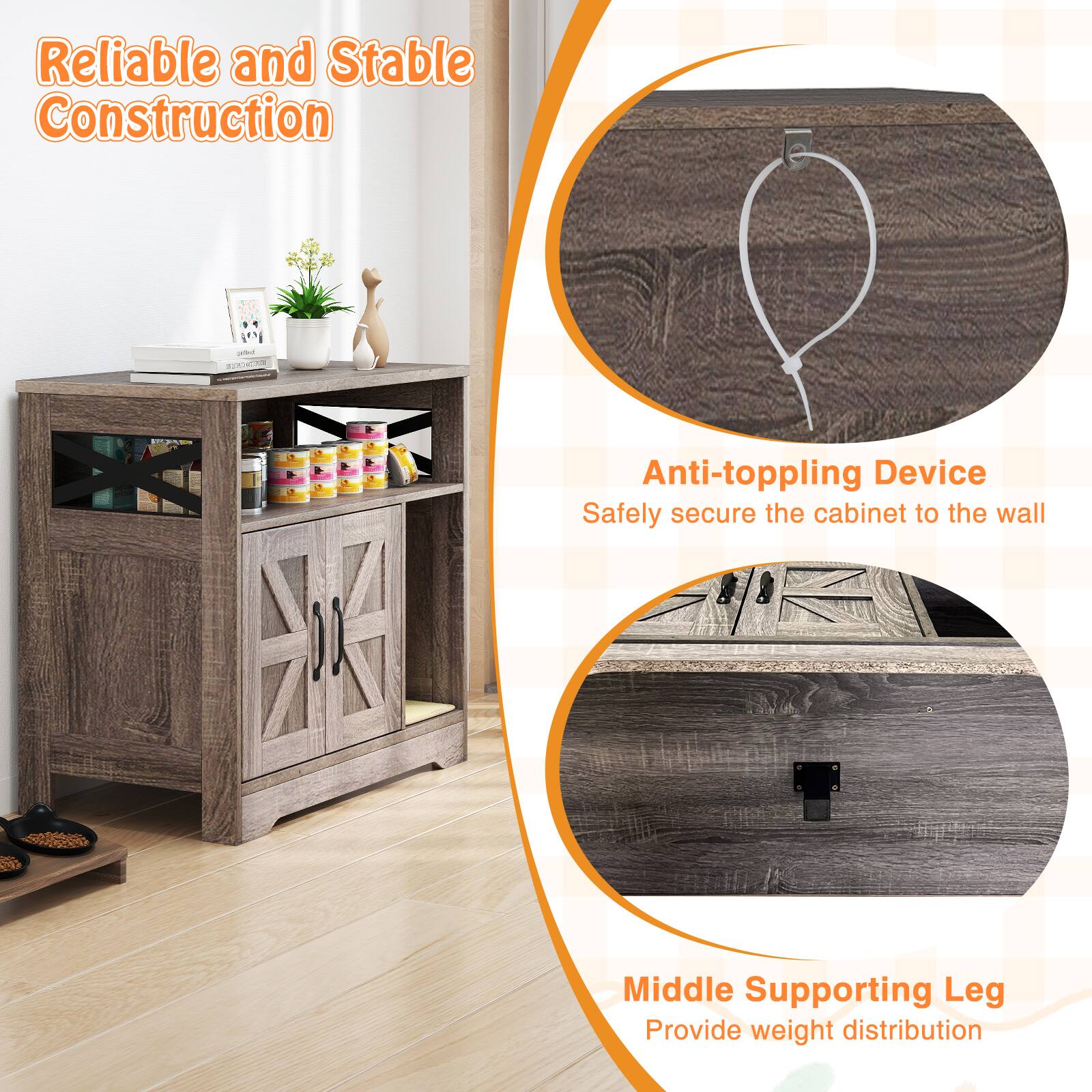 Reliable and Stable Construction

Anti-toppling Device
Safely secure the cabinet to the wall

Middle Supporting Leg
Provide weight distribution