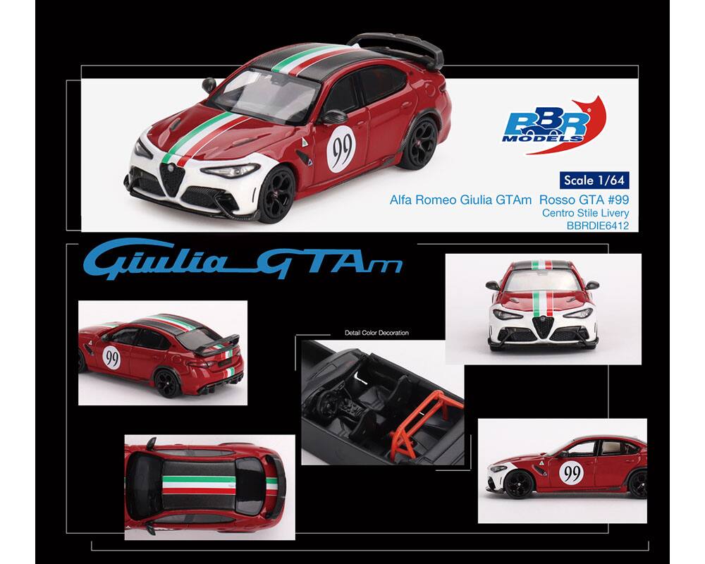Sure, here is the corrected and grouped text from the image:

---

**Alfa Romeo Giulia GTAm**

**Rosso GTA #99**

**Centro Stile Livery**

**BBRDIE6412**

**Scale 1/64**

**Detail Color Decoration**

**99**

---

**Giulia GTAm**

**RBR Models**

---

**99**

---

**99**

---
