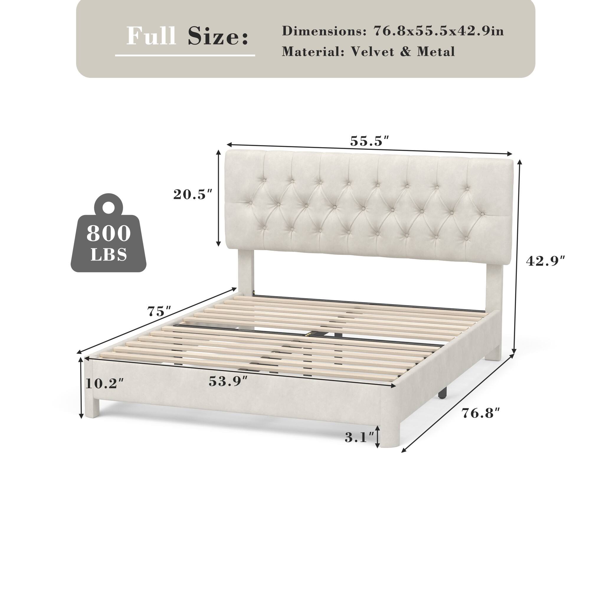Full Size:  
Dimensions: 76.8x55.5x42.9in  
Material: Velvet & Metal  

55.5"  
20.5"  
800 LBS  
42.9"  
75"  
10.2"  
53.9"  
76.8"  
3.1"