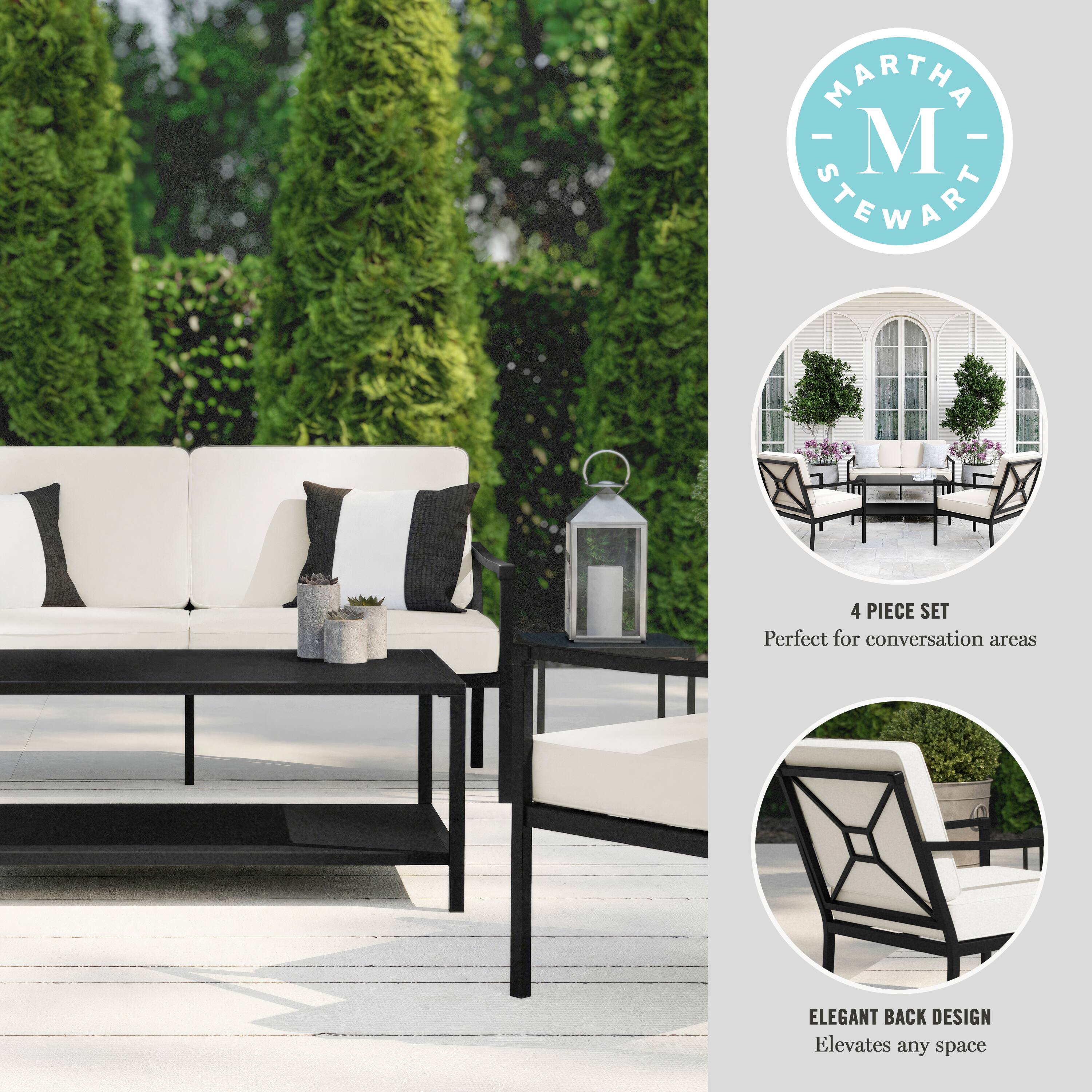 The text on the image reads: "Martha Stewart 4 Piece Set Perfect for conversation areas Elegant Back Design Elevates any space."