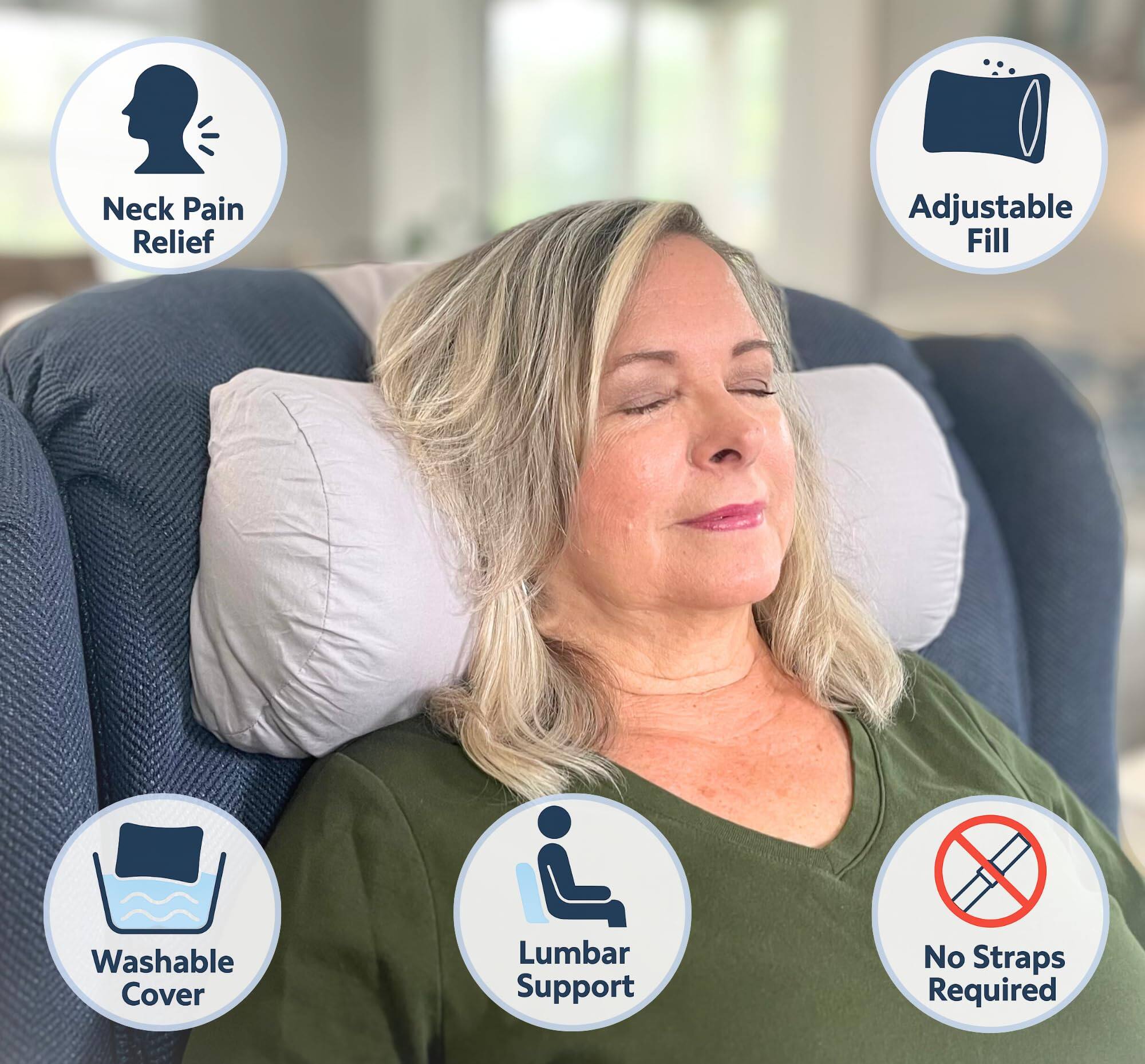- Neck Pain Relief
- Adjustable Fill
- Washable Cover
- Lumbar Support
- No Straps Required