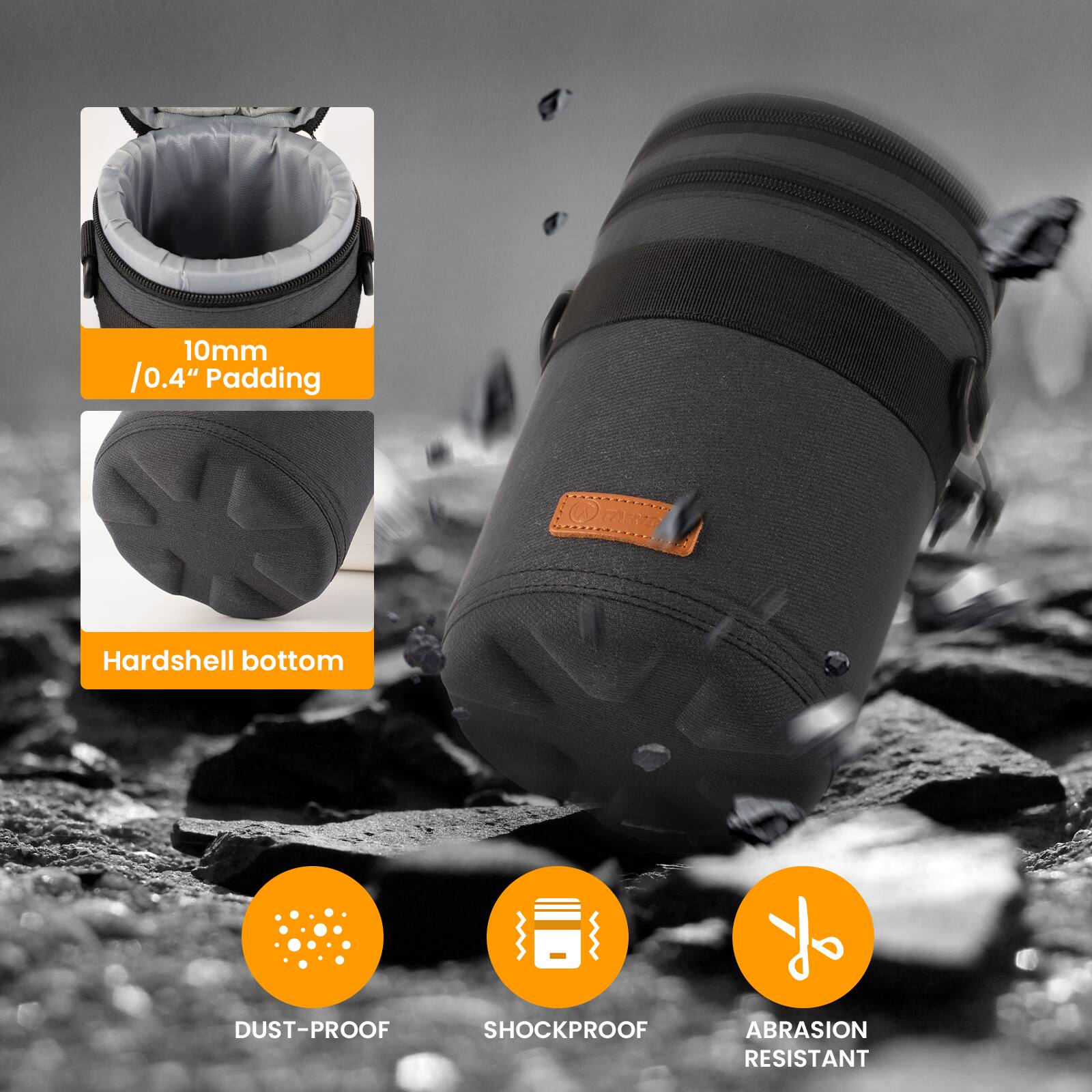 10mm / 0.4" Padding  
Hardshell bottom  

DUST-PROOF  
SHOCKPROOF  
ABRASION RESISTANT