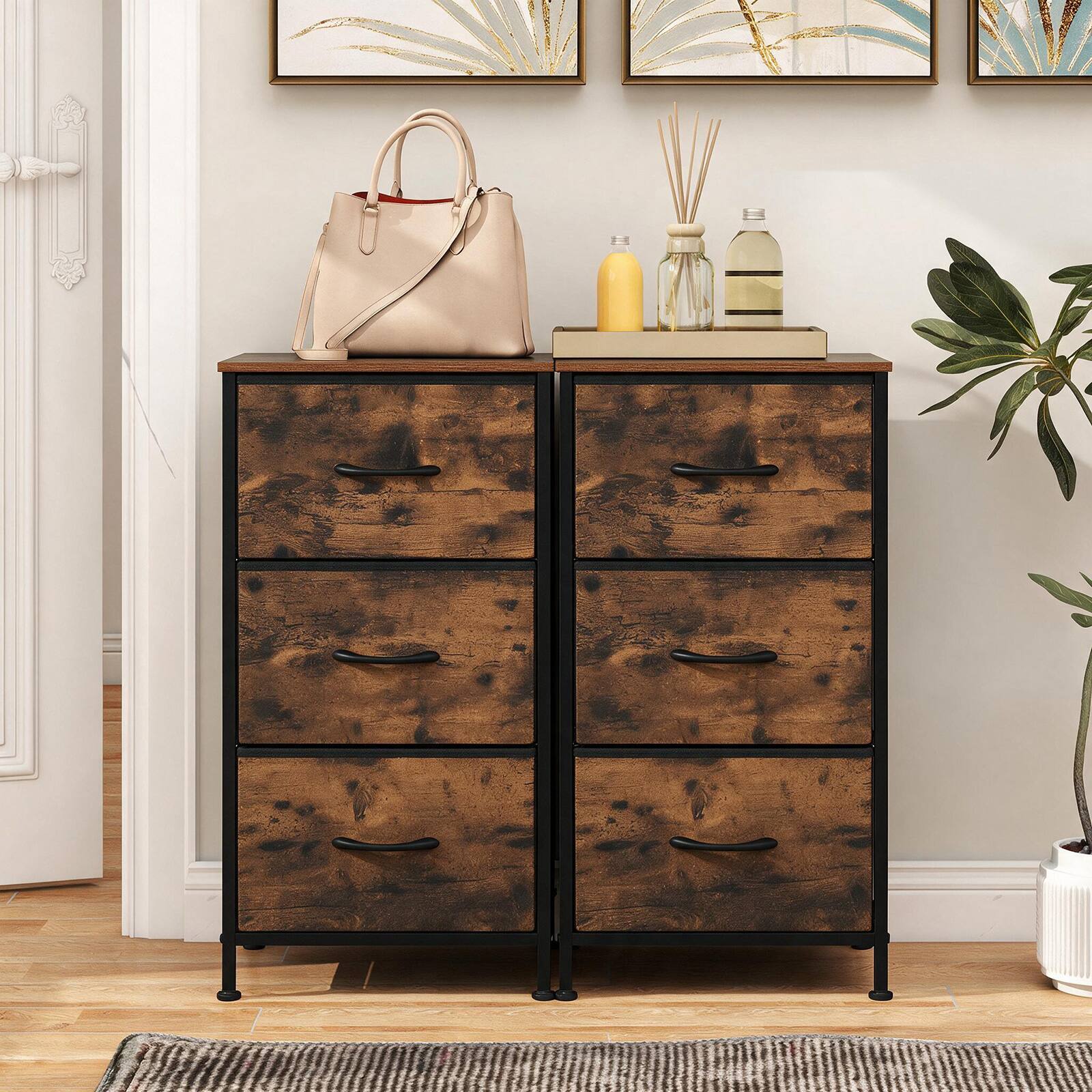 Alt View 4. Costway - Costway Dresser Nightstand with 3 Roomy Fabric Drawers Heavy-Duty Metal Frame for Dorm - Rustic Brown.