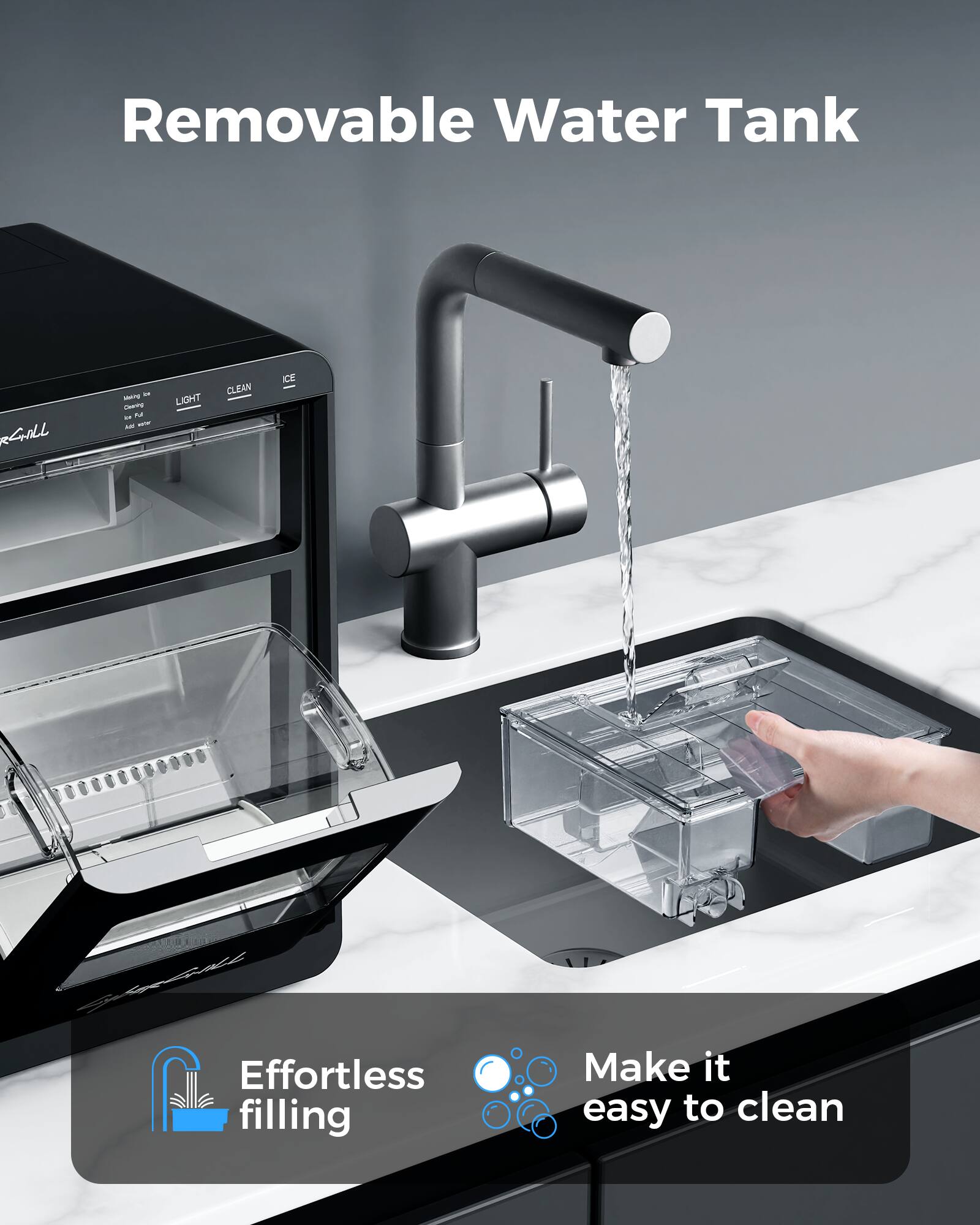 Removable Water Tank

Effortless filling

Make it easy to clean