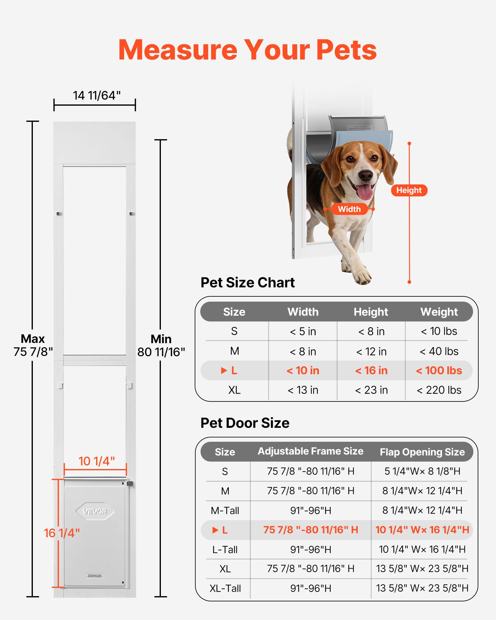 Measure Your Pets

Pet Size Chart

Size | Width | Height | Weight
--- | --- | --- | ---
S | < 5 in | < 8 in | < 10 lbs
M | < 8 in | < 12 in | < 40 lbs
L | < 10 in | < 16 in | < 100 lbs
XL | < 13 in | < 23 in | < 220 lbs

Pet Door Size

Size | Adjustable Frame Size | Flap Opening Size
--- | --- | ---
S | 75 7/8" - 80 11/16" H | 5 1/4"W x 8 1/8"H
M | 75 7/8" - 80 11/16" H | 8 1/4"W x 12 1/4"H
M-Tall | 91" - 96"H | 8 1/4"W x 12 1/4"H
L | 75 7/8" - 80 11/16" H | 