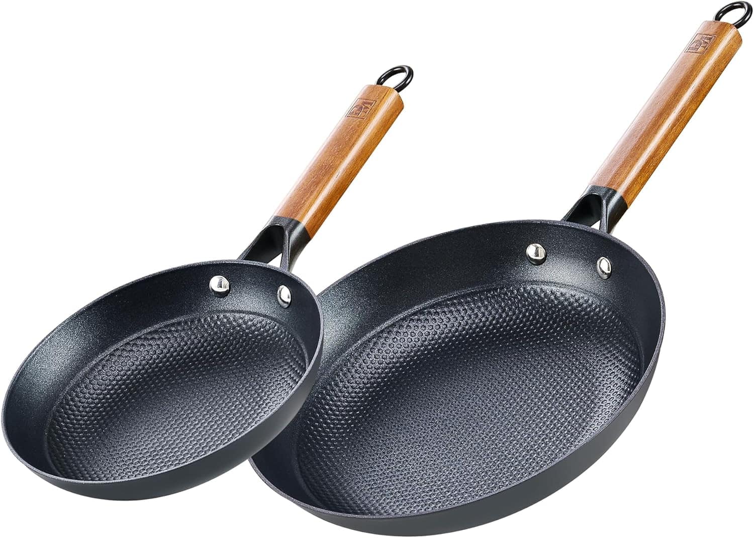 D&M - Cast Iron Non-Stick 2 pcs Fry Pan Set, 8 Inch+10 Inch - Black