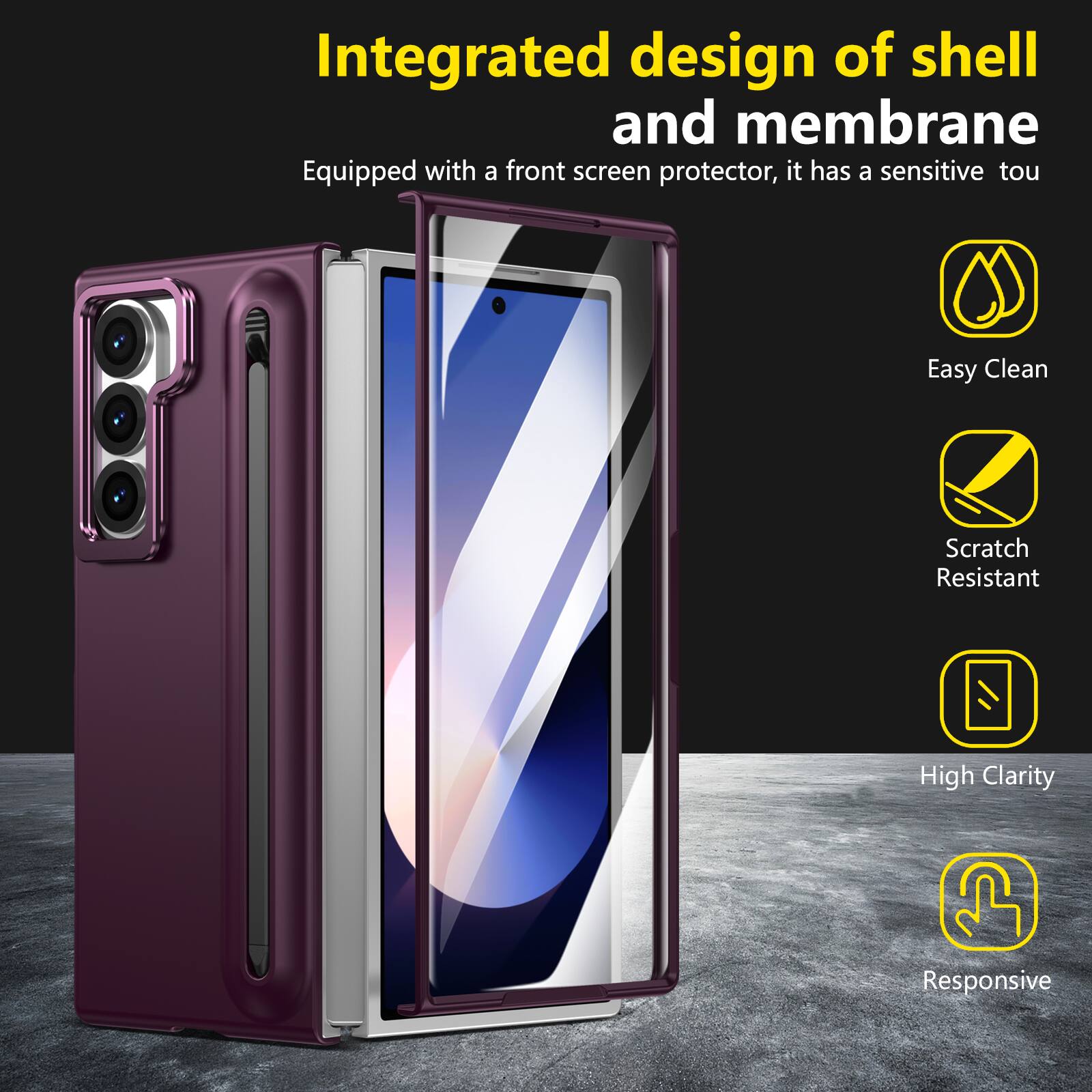 Integrated design of shell and membrane  
Equipped with a front screen protector, it has a sensitive touch  
Easy Clean  
Scratch Resistant  
High Clarity  
Responsive