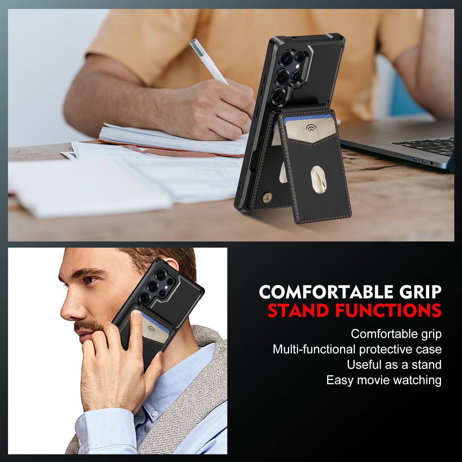 COMFORTABLE GRIP STAND FUNCTIONS

Comfortable grip
Multi-functional protective case
Useful as a stand
Easy movie watching