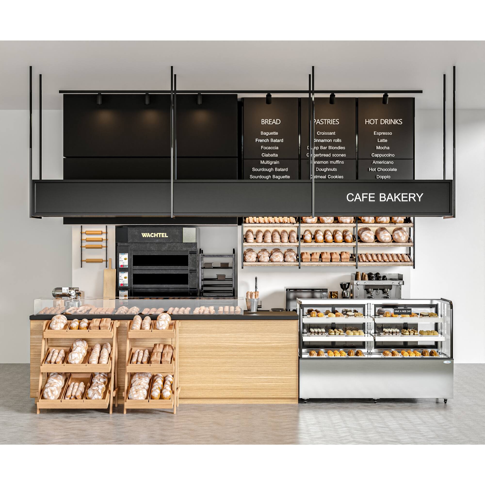 The text on the image is grouped and corrected as follows:

Bread Pastries Hot Drinks:

* Baguette
* Foccacia
* Ciabatta
* Multigrain Sourdough
* Batana
* Sourdough Croissant
* Cinnamon Rolls
* Espresso
* Lattes
* Mocha
* Cappuccino
* Americano
* Hot Chocolate
* Doppio

Cafe Bakery Wachtel:

* Bread
* Pastries
* Hot Drinks
* Scones
* Muffins
* Donuts
* Cookies

The corrected text groups the items by category and includes the name of the bakery, "Cafe Bakery Wachtel."