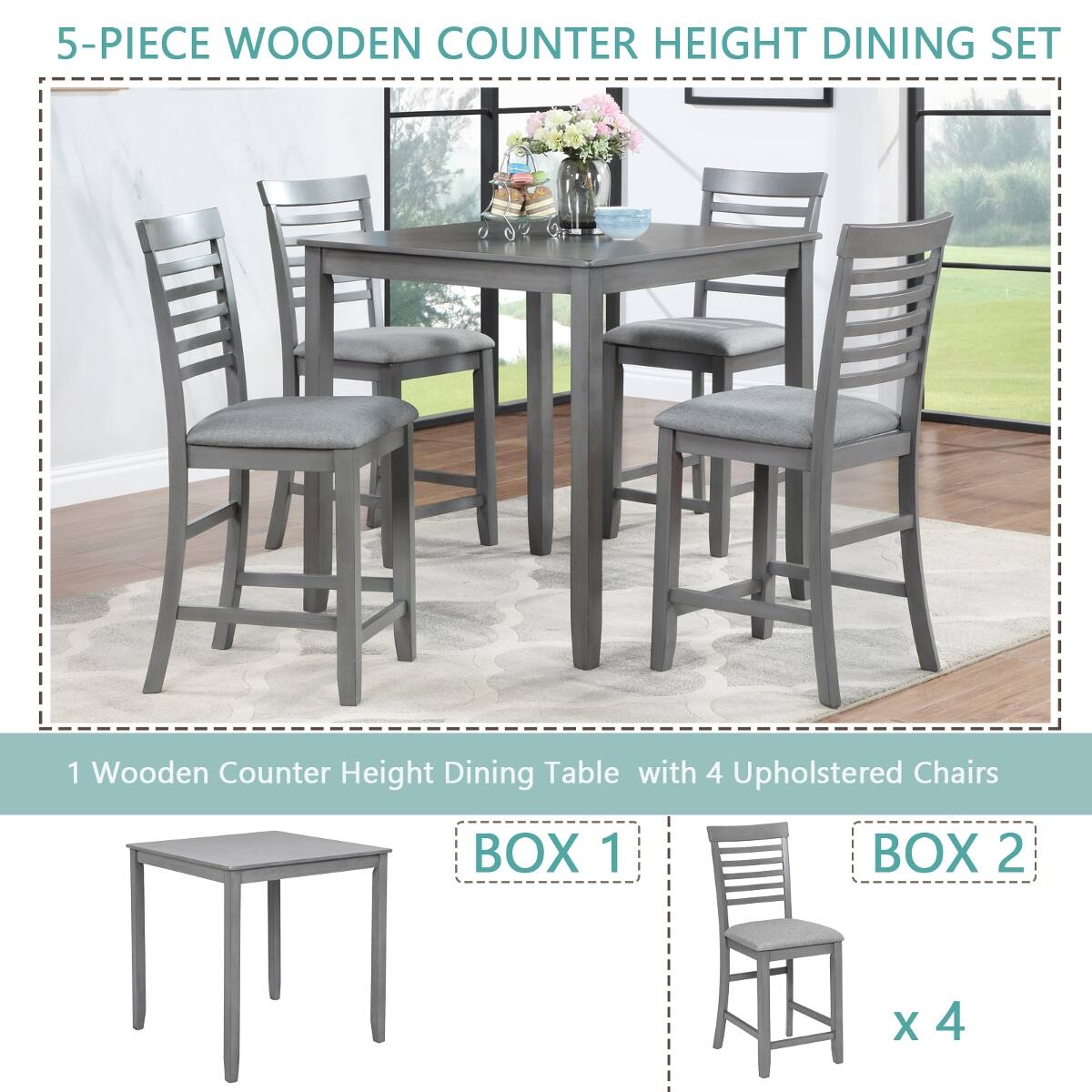 Loheer 5 Piece Counter Height Dining Set, Wood Square Table with Four ...