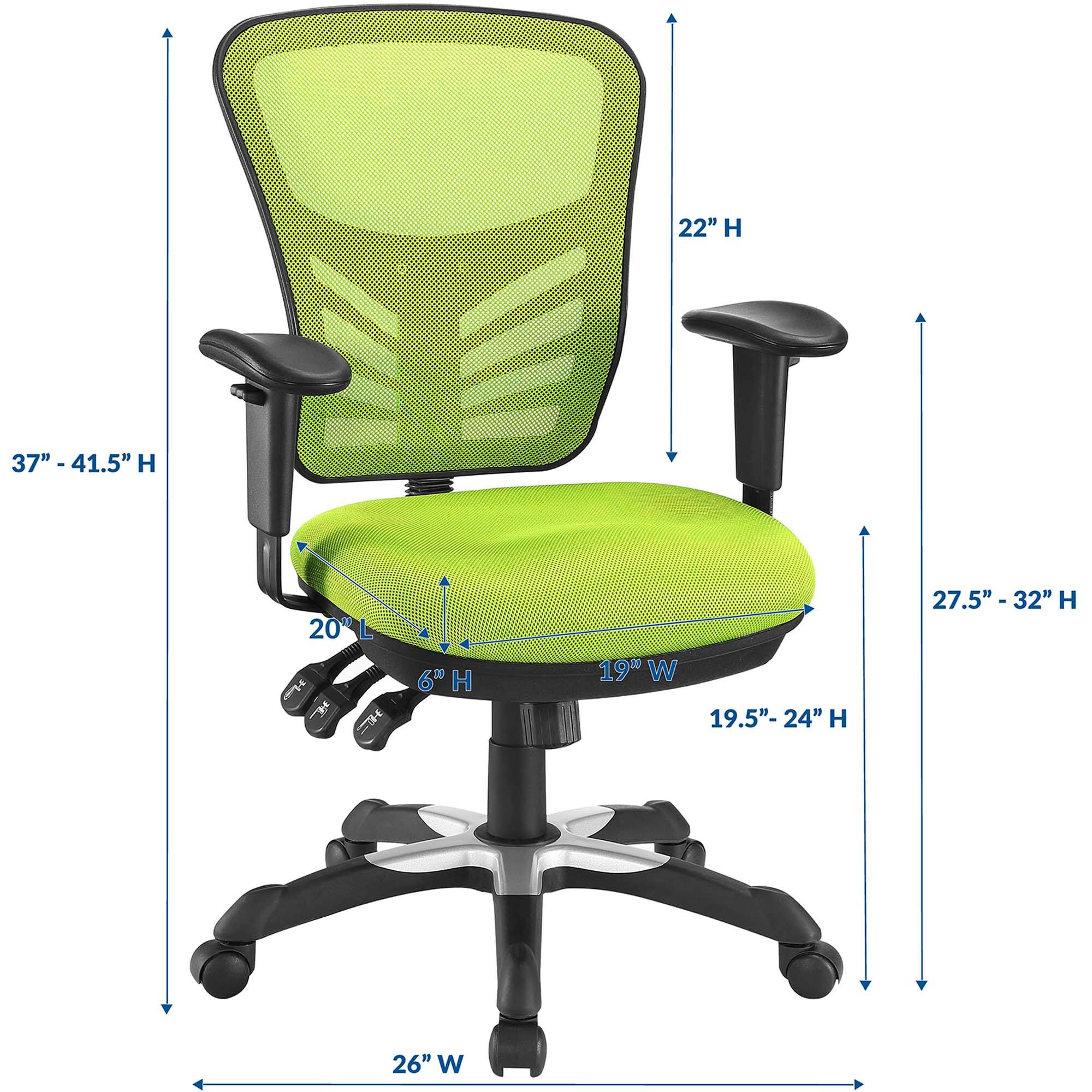 - Height: 37" - 41.5"
- Seat Height: 19.5" - 24"
- Back Height: 22"
- Armrest Height: 27.5" - 32"
- Seat Width: 19"
- Seat Depth: 20"
- Overall Width: 26"
- Overall Height: 6"