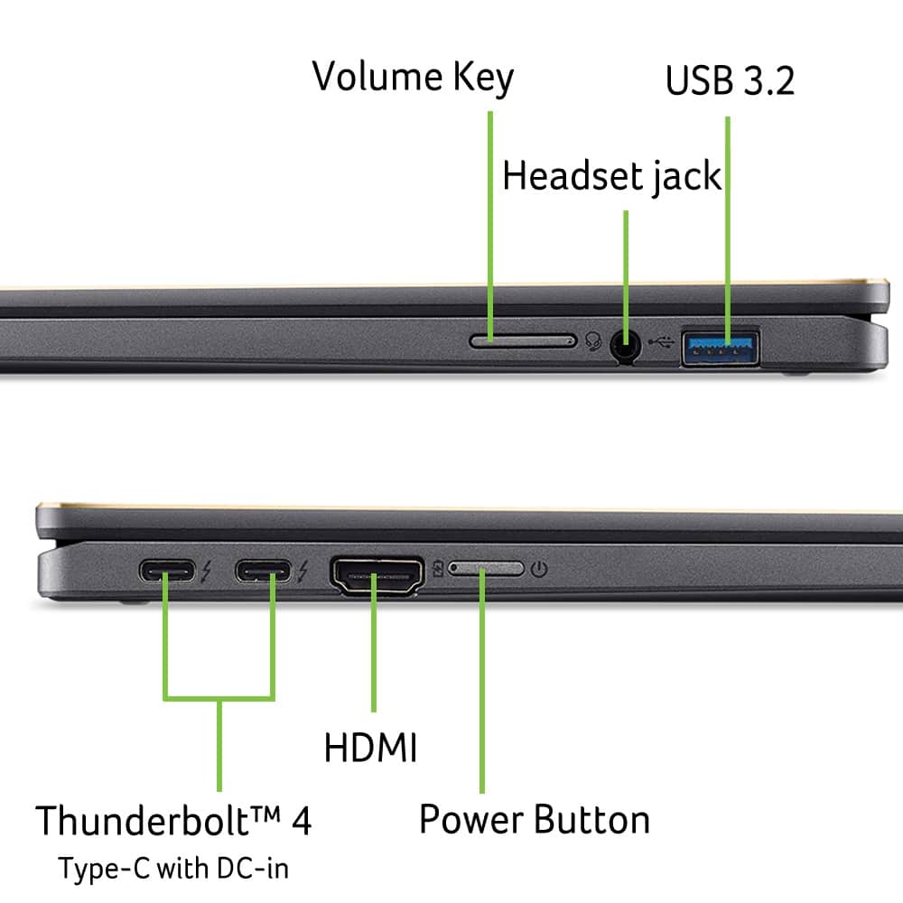 The image shows a laptop with its back cover removed, revealing the internal components. The laptop has a USB 3.2 port, a headset jack, an HDMI port, a Thunderbolt 4 port, and a power button. The laptop also has a volume key, which is located on the keyboard. The image provides a detailed view of the laptop's internal structure, making it easier to understand the various components and their functions.