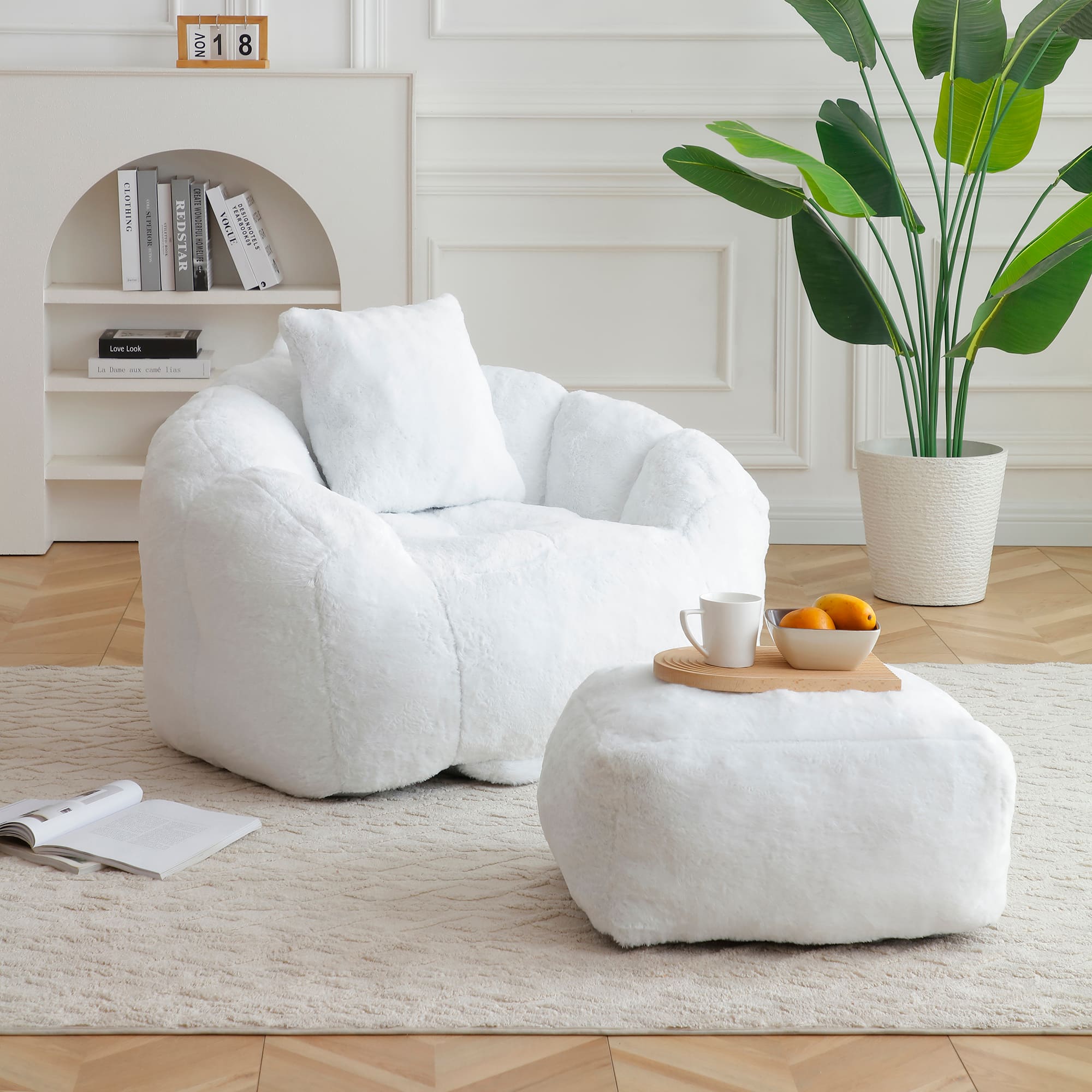 GOODSILO - Oversized Shell-Shaped Faux Fur Bean Bag Chair with Matching Footstool for Living Room and Bedroom Lounging - White