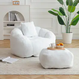 GOODSILO - Oversized Shell-Shaped Faux Fur Bean Bag Chair with Matching Footstool for Living Room and Bedroom Lounging - White