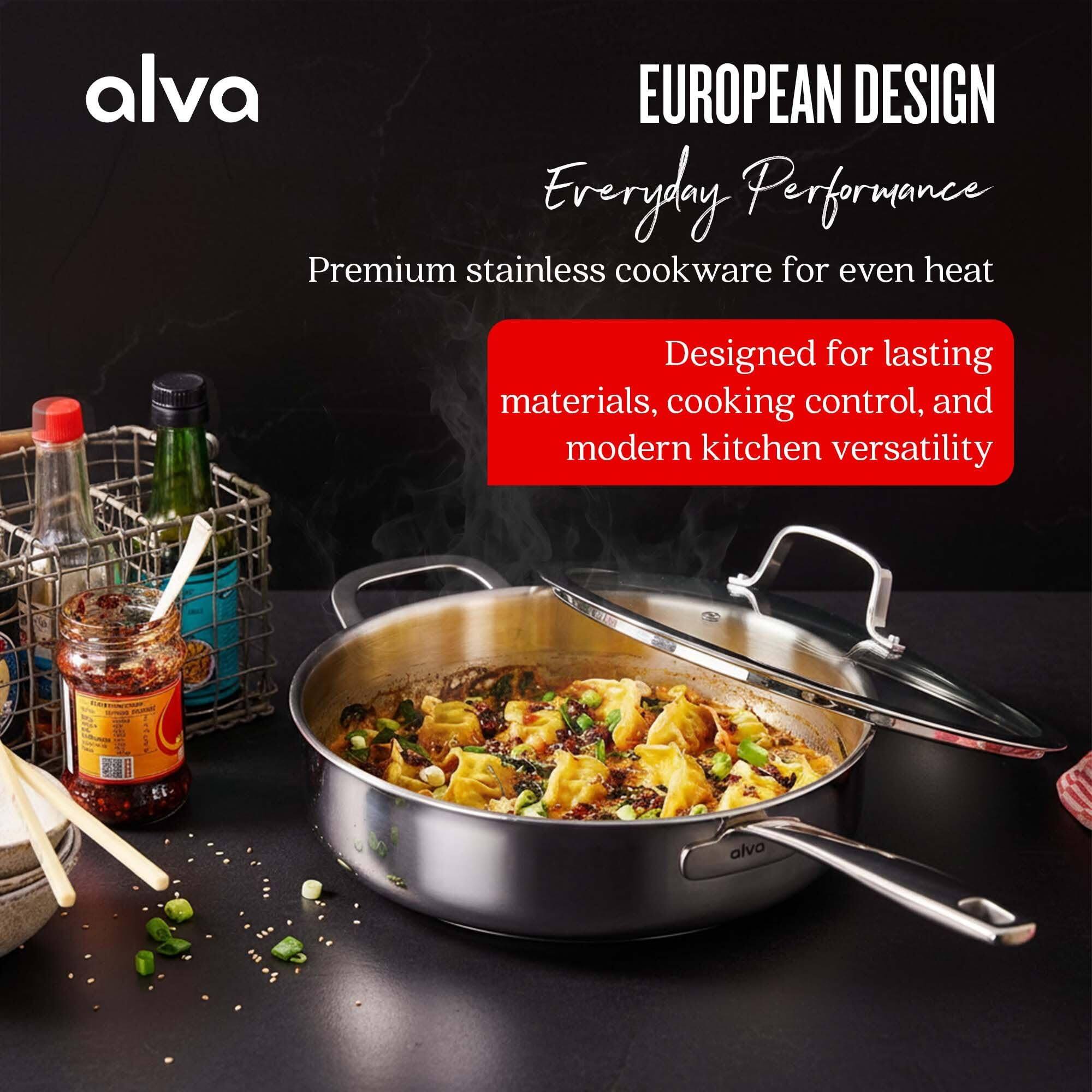 alva EUROPEAN DESIGN Everyday Performance Premium stainless cookware for even heat Designed for lasting materials, cooking control, and modern kitchen versatility