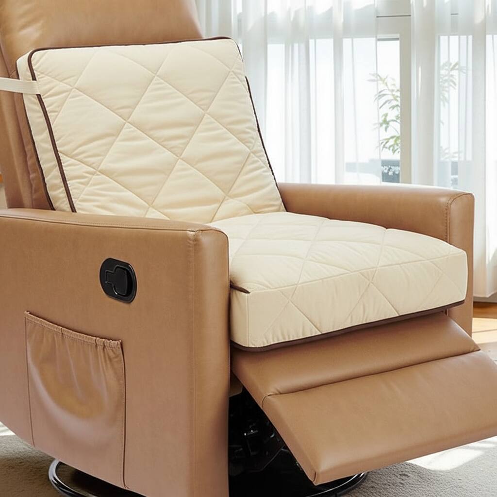 Left. AOITUN - Swivel Rocker Recliner Chair, Faux Leather Glider for Nursery Living Room, Manual Reclining Sofa with Side Pocket, Tan - Brown.