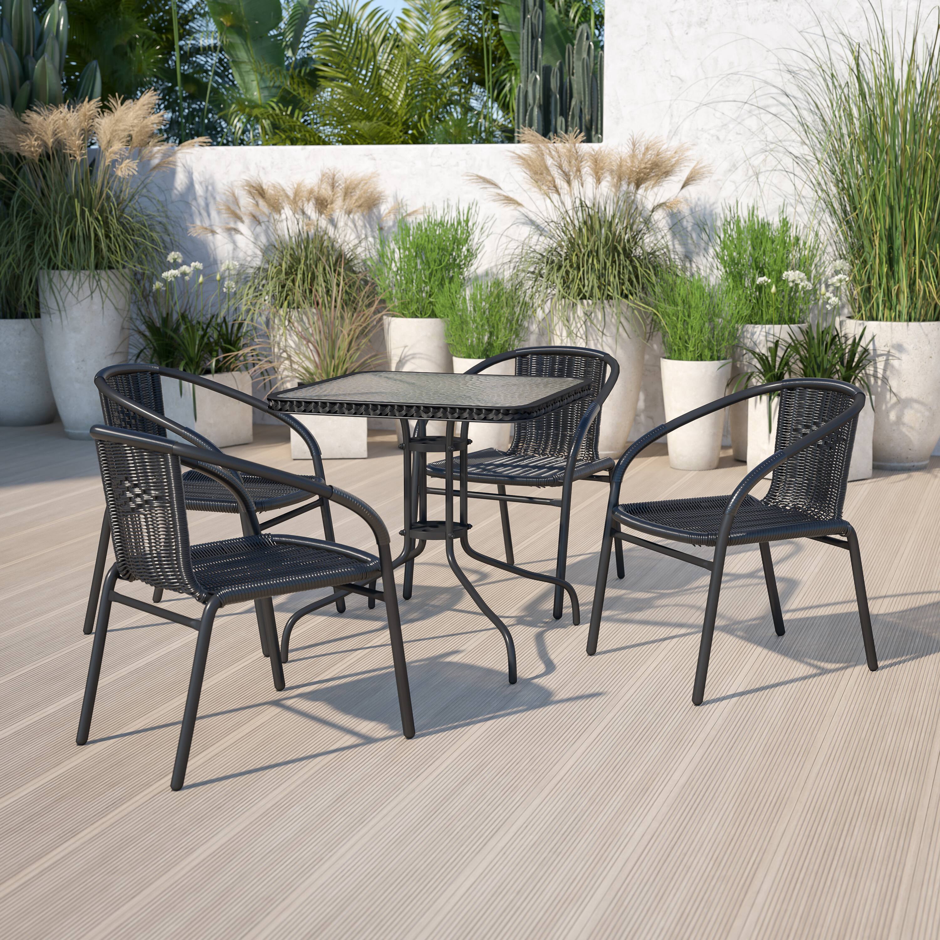 Alt View 2. Emma + Oliver - 4 Pack Rattan Indoor-Outdoor Restaurant Stack Chair with Curved Back - Black.