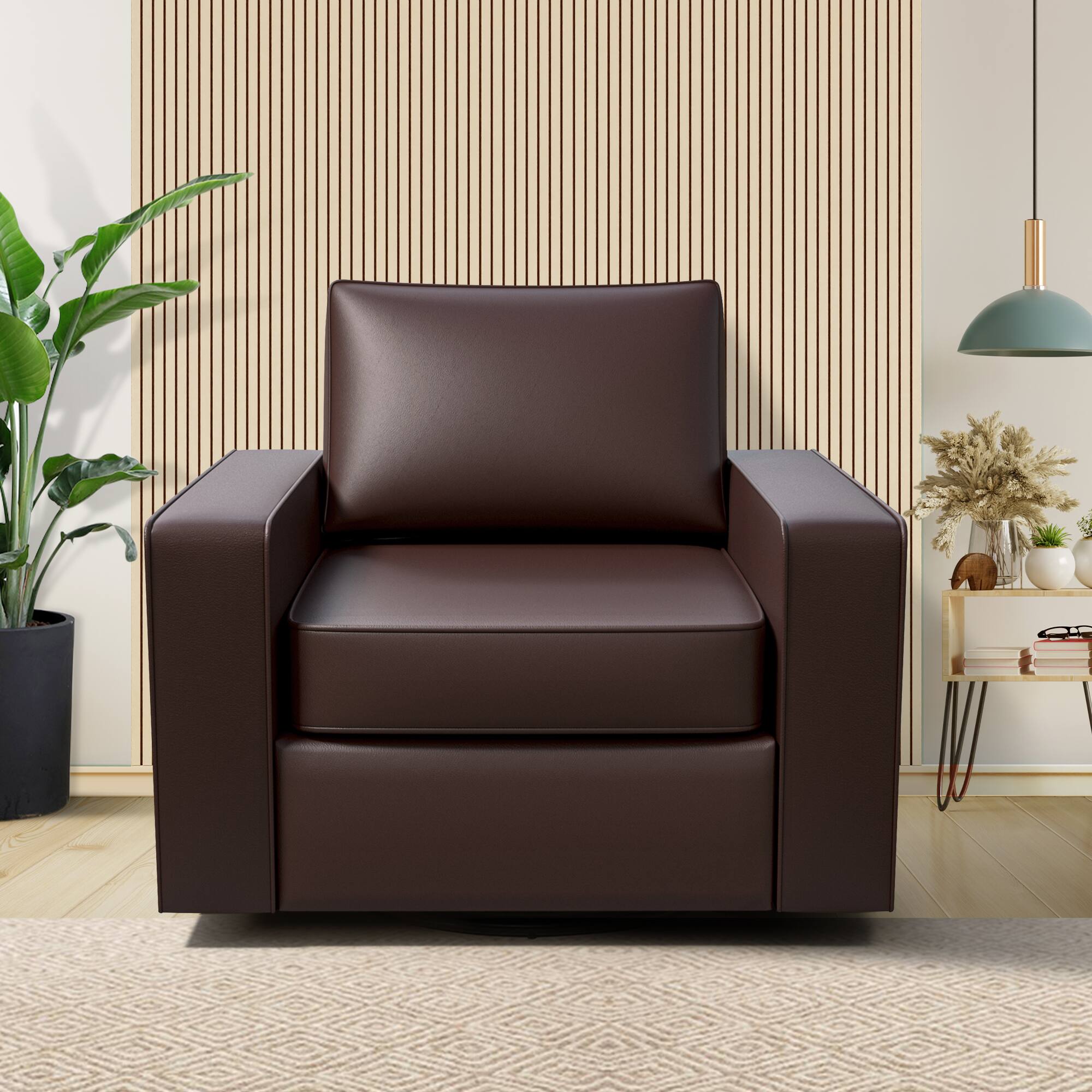 Alt View 3. KERDOM - Swivel Accent Armchair, PU Leather Upholstered Single Sofa Lounge Chair, with Rotating Sofa Rotation Base and Pillow - Coffee.