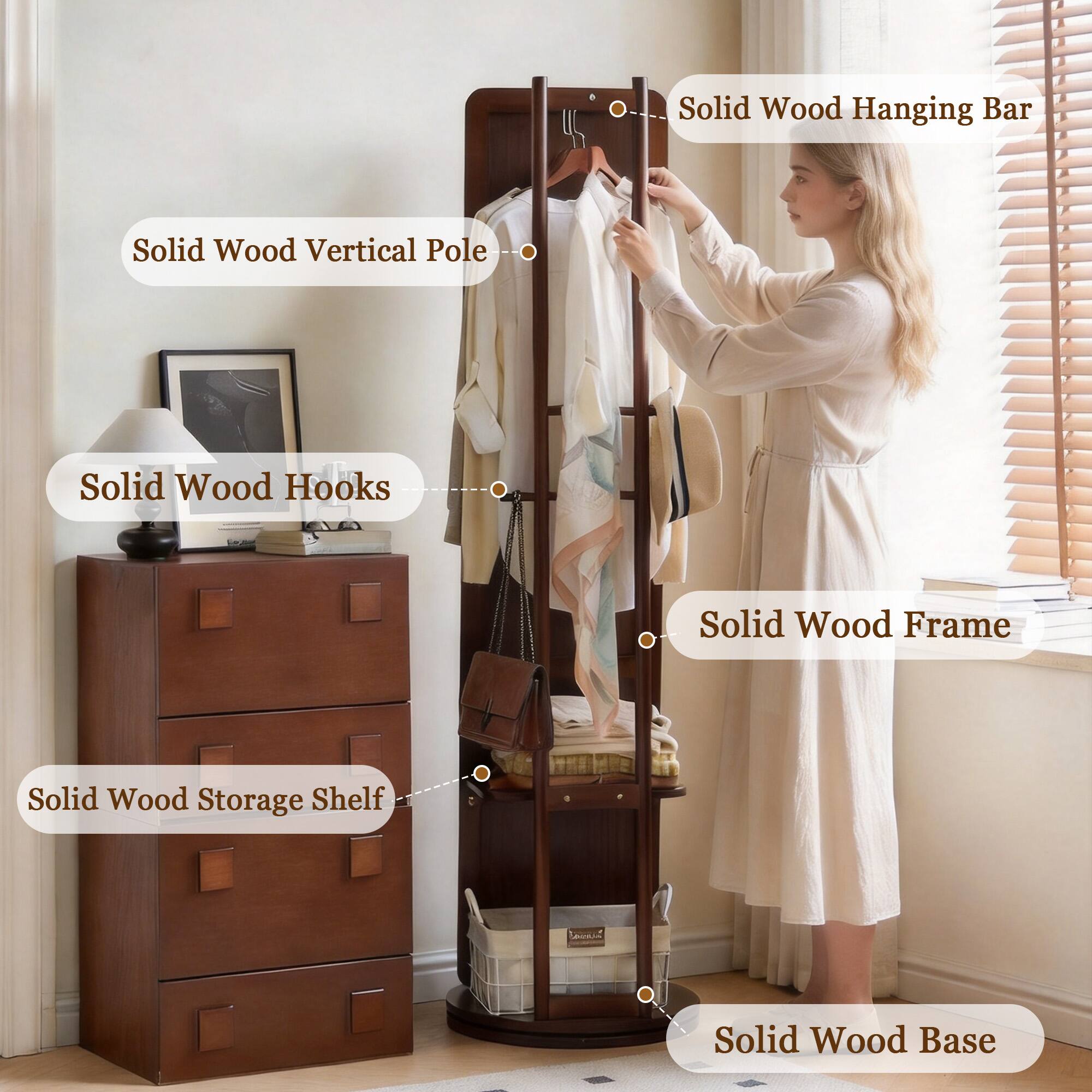 Solid Wood Hanging Bar  
Solid Wood Vertical Pole  
Solid Wood Hooks  
Solid Wood Frame  
Solid Wood Storage Shelf  
Solid Wood Base