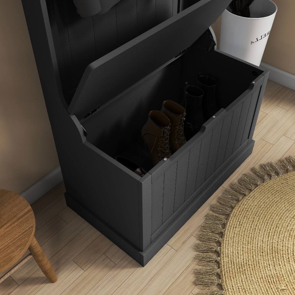 Angle. Loheer - Loheer 28 inch entryway hall tree, 3-in-1 mudroom organizer, black storage bench with coat rack - Black.