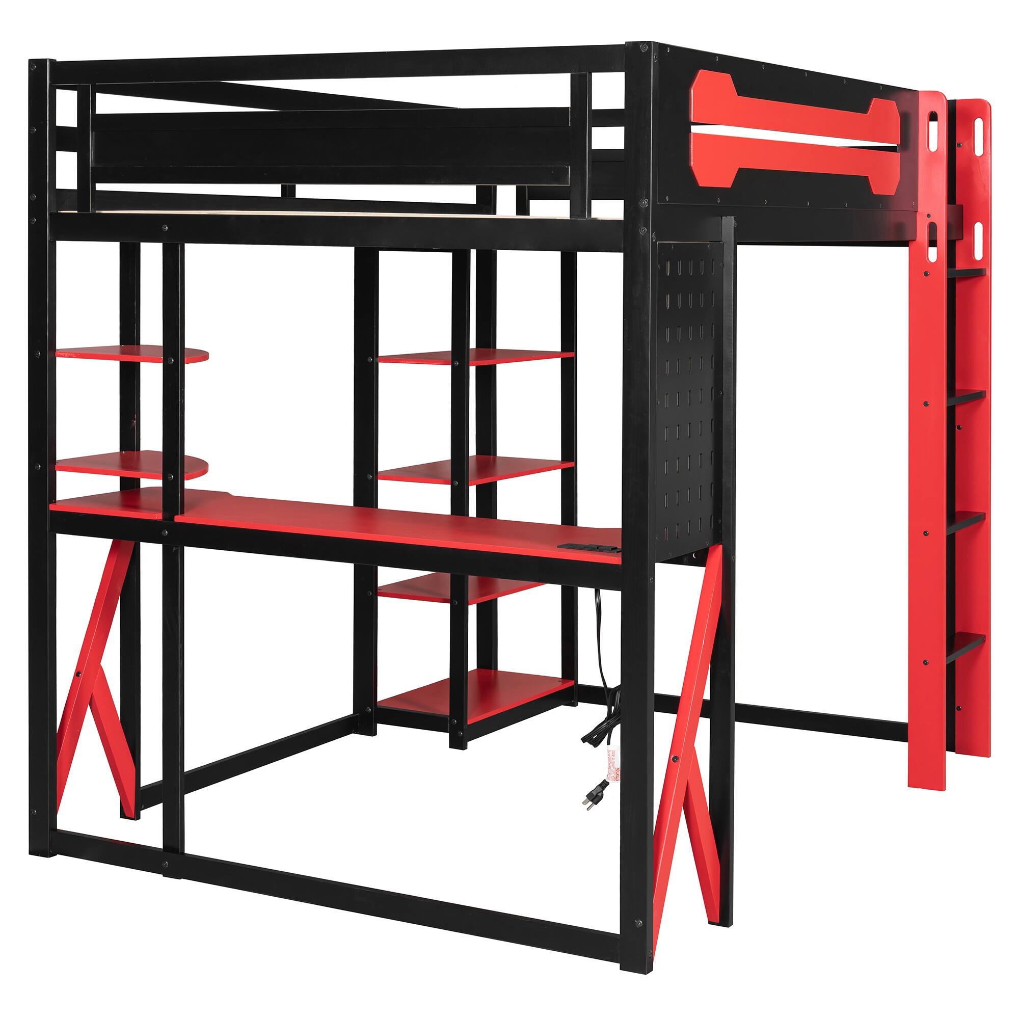 Alt View 3. Anysun - Full Size Wood Loft Bed with Desk, Shelves, Power Outlet & USB/Type-C Ports, , and RGB Light - Red.
