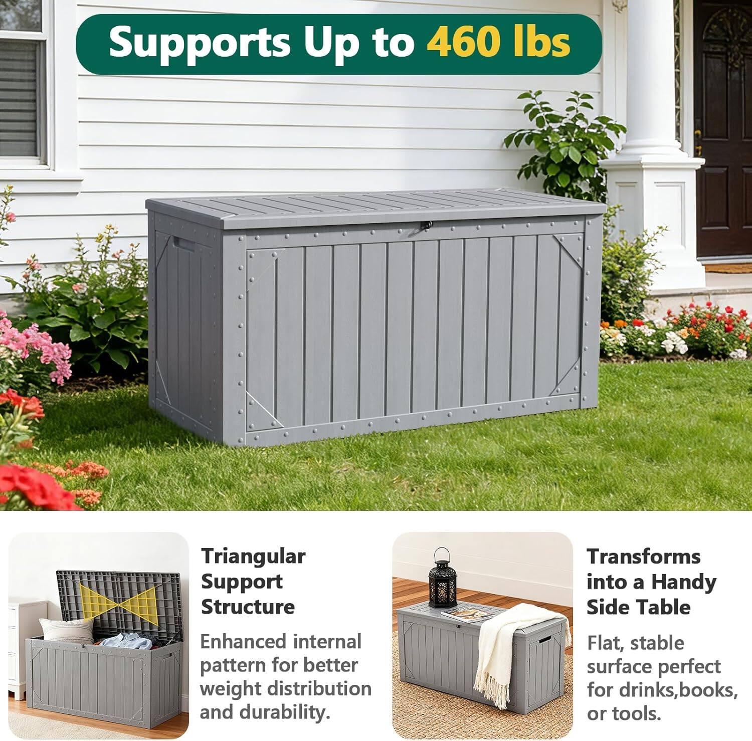 Supports Up to 460 lbs

Triangular Support Structure
Enhanced internal pattern for better weight distribution and durability.

Transforms into a Handy Side Table
Flat, stable surface perfect for drinks, books, or tools.