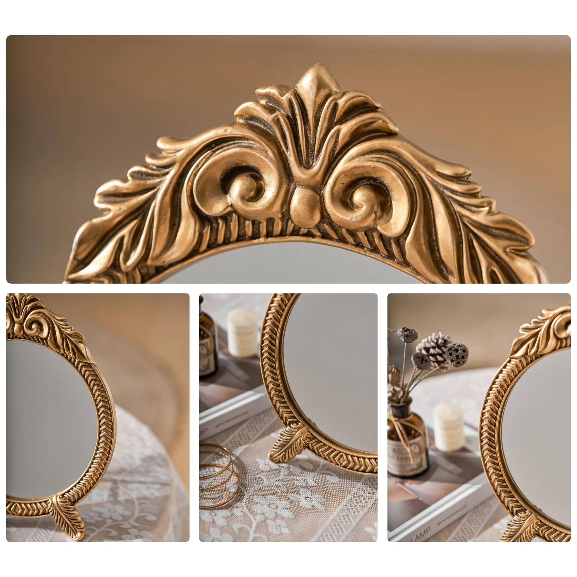 Back. Pacoar Cade - Small Round Vintage Vanity Mirror Baroque Desktop Antique Freestanding Dressing Table For Bedroom Living Room And... - Default.