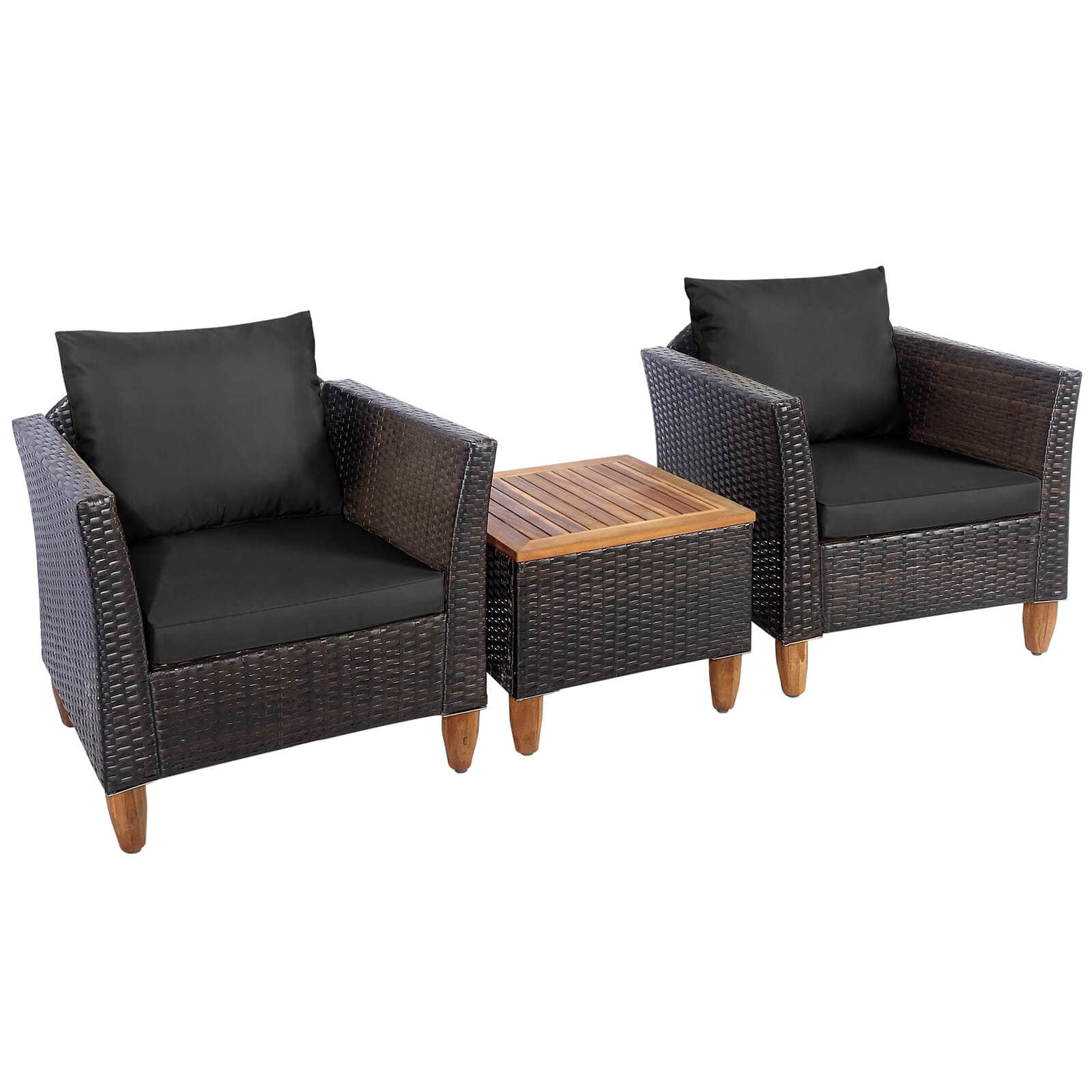 Costway - 3PCS Patio Wicker Rattan Sofa Set Furniture Outdoor Acacia Wood Conversation - Black