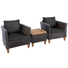 Costway - 3PCS Patio Wicker Rattan Sofa Set Furniture Outdoor Acacia Wood Conversation - Black