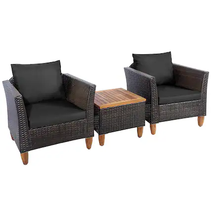 Front. Costway - Costway 3PCS Patio Wicker Rattan Sofa Set Furniture Outdoor Acacia Wood Conversation - Black.
