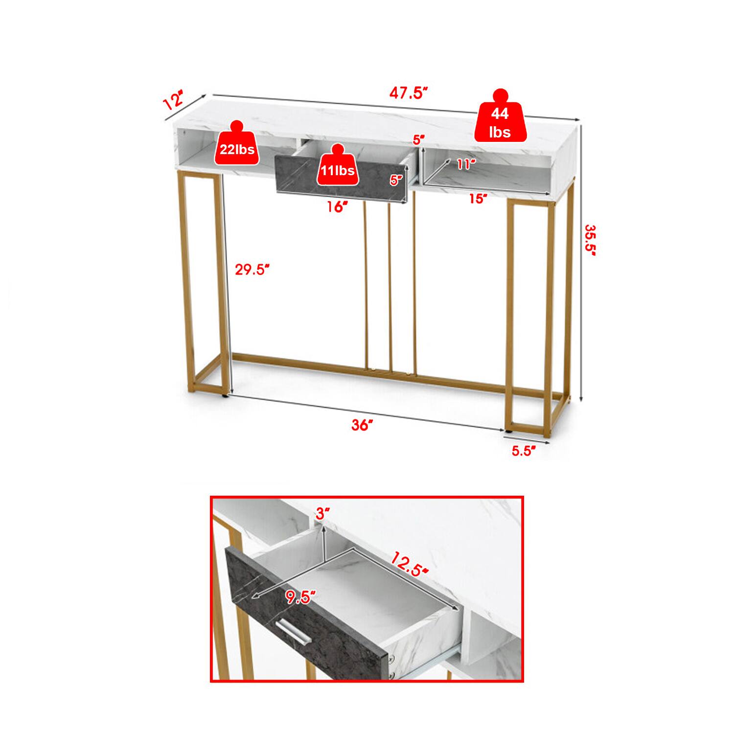 12" 22lbs 29.5" 11lbs 16" 47.5" 5" 5 44 lbs 11 15" 35.5" 36 5.5" 3" 9.5" 12.5"