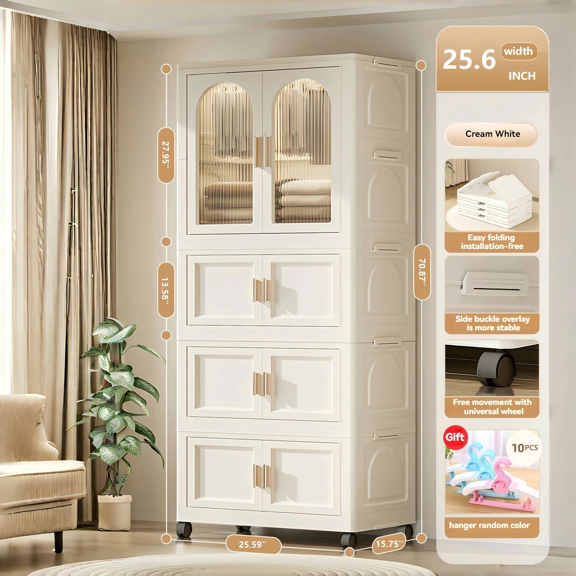- Width: 25.6 inches
- Height: 70.87 inches
- Depth: 15.75 inches
- Cream White
- Easy folding installation-free
- Side buckle overlay is more stable
- Free movement with universal wheel
- Gift: 10PCS hanger random color