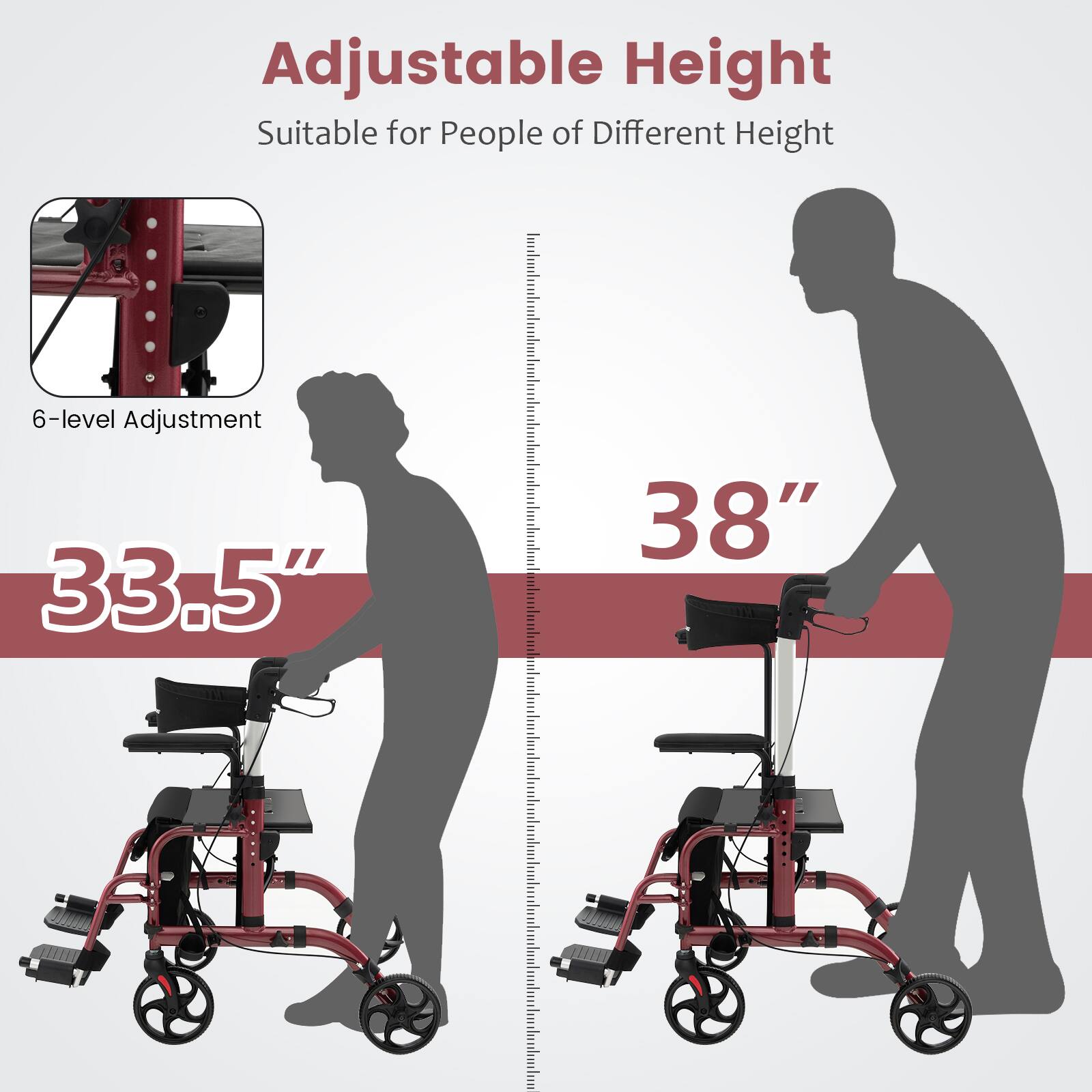 Adjustable Height, Suitable for People of Different Height, 6-level Adjustment, 33.5", 38"