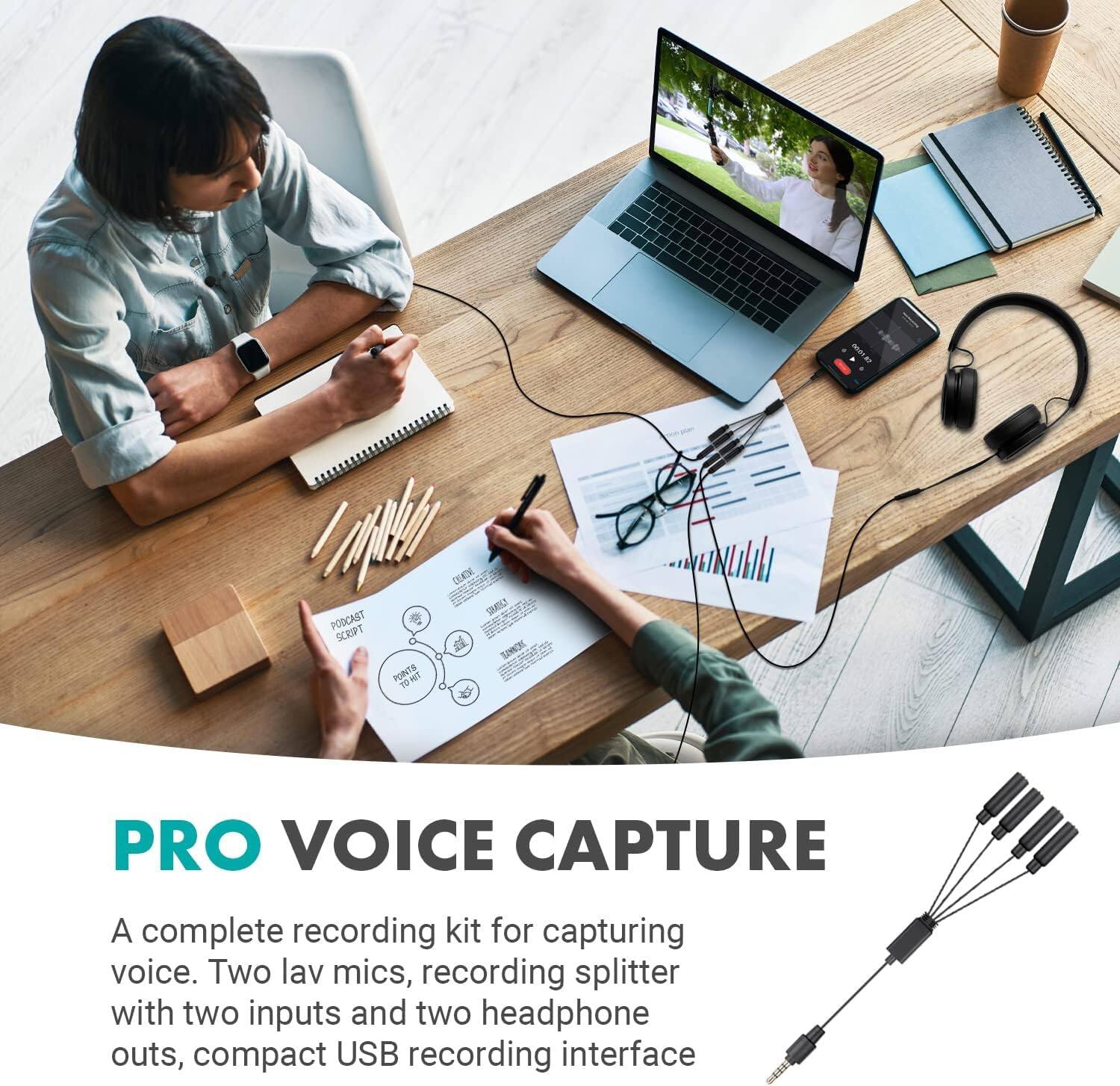**PRO VOICE CAPTURE**

A complete recording kit for capturing voice. Two lav mics, recording splitter with two inputs and two headphone outs, compact USB recording interface.