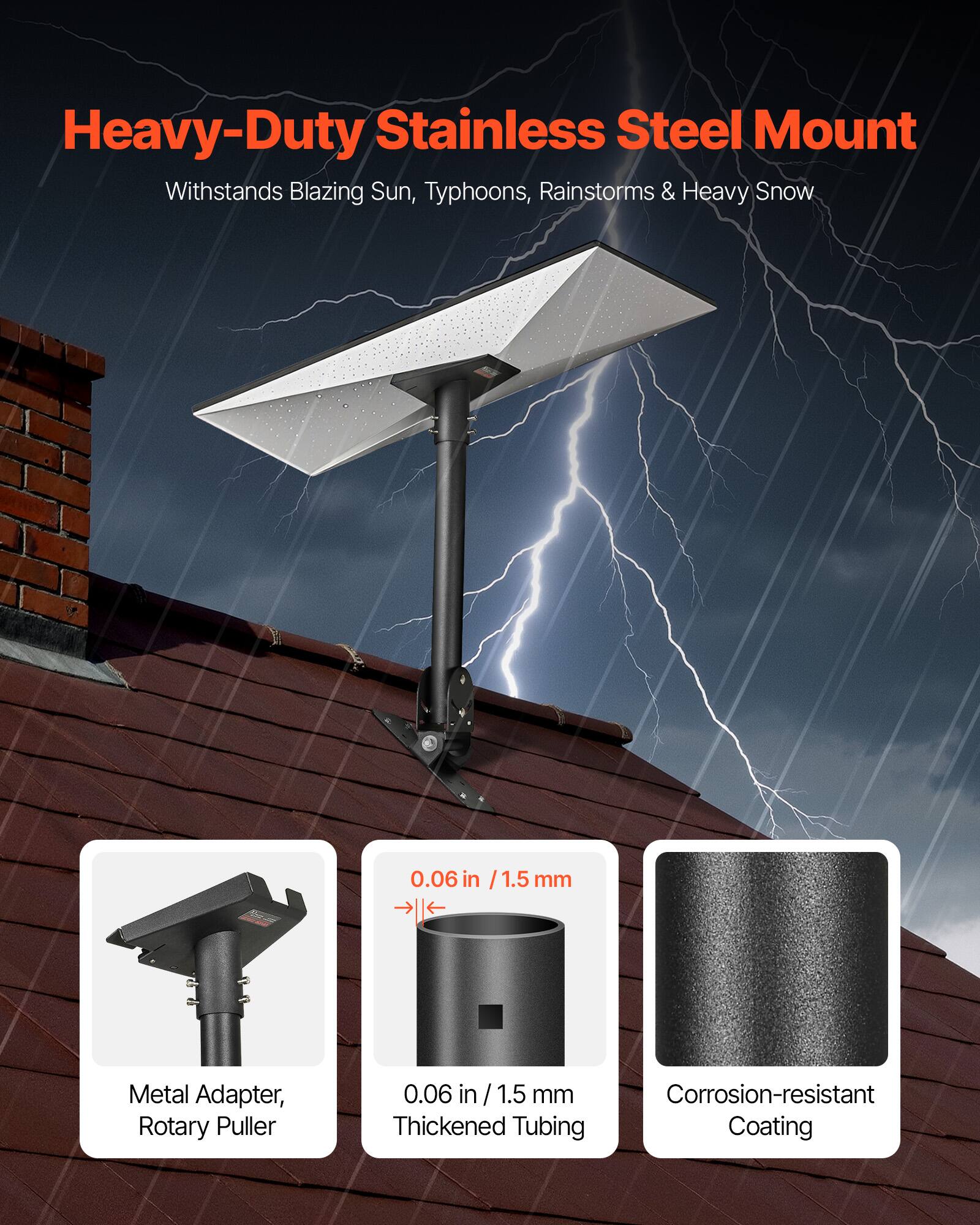 Heavy-Duty Stainless Steel Mount
Withstands Blazing Sun, Typhoons, Rainstorms & Heavy Snow
0.06 in / 1.5 mm Metal Adapter, Rotary Puller
0.06 in / 1.5 mm Corrosion-resistant Thickened Tubing Coating