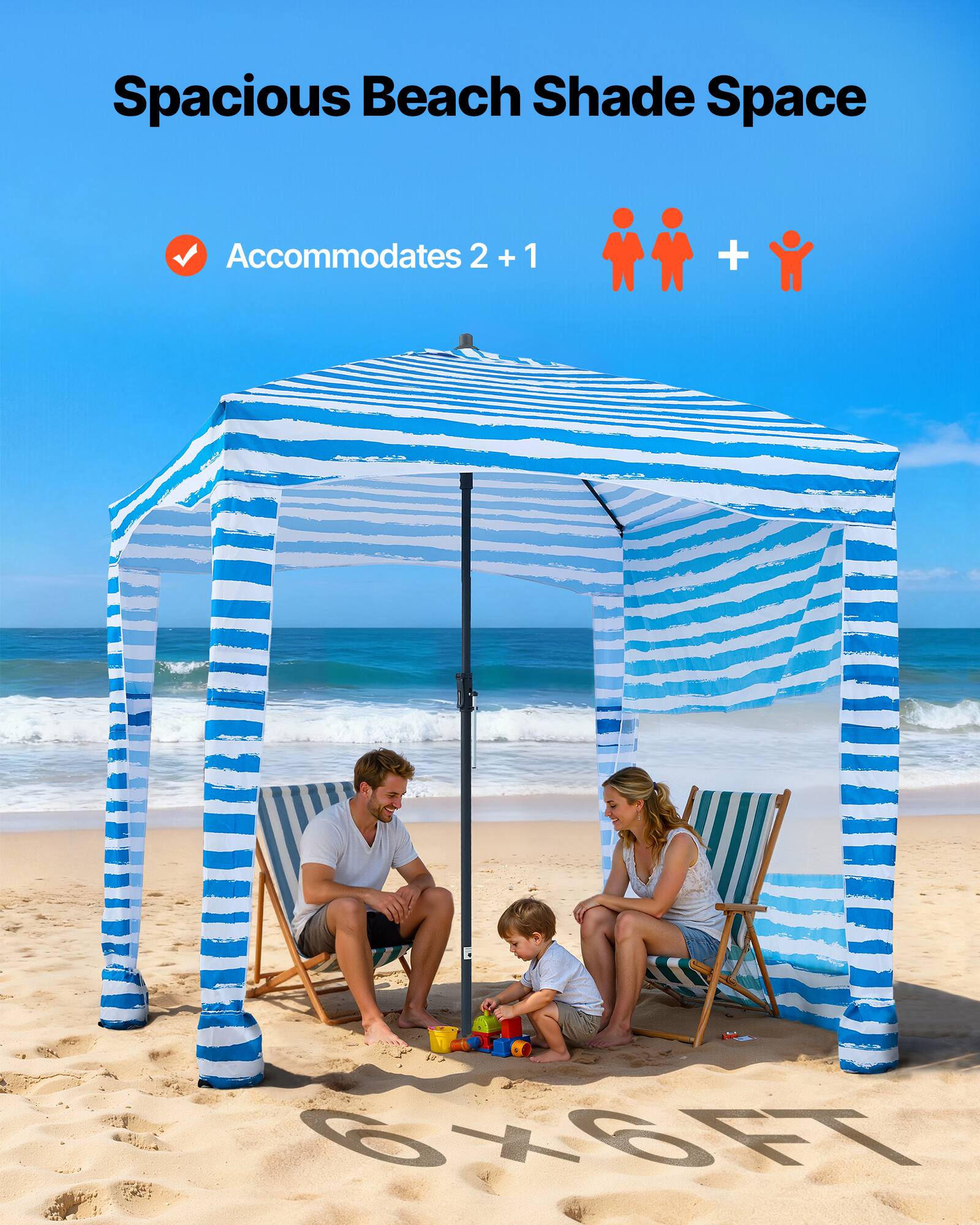 Spacious Beach Shade Space  
Accommodates 2 + 1  
6x6FT