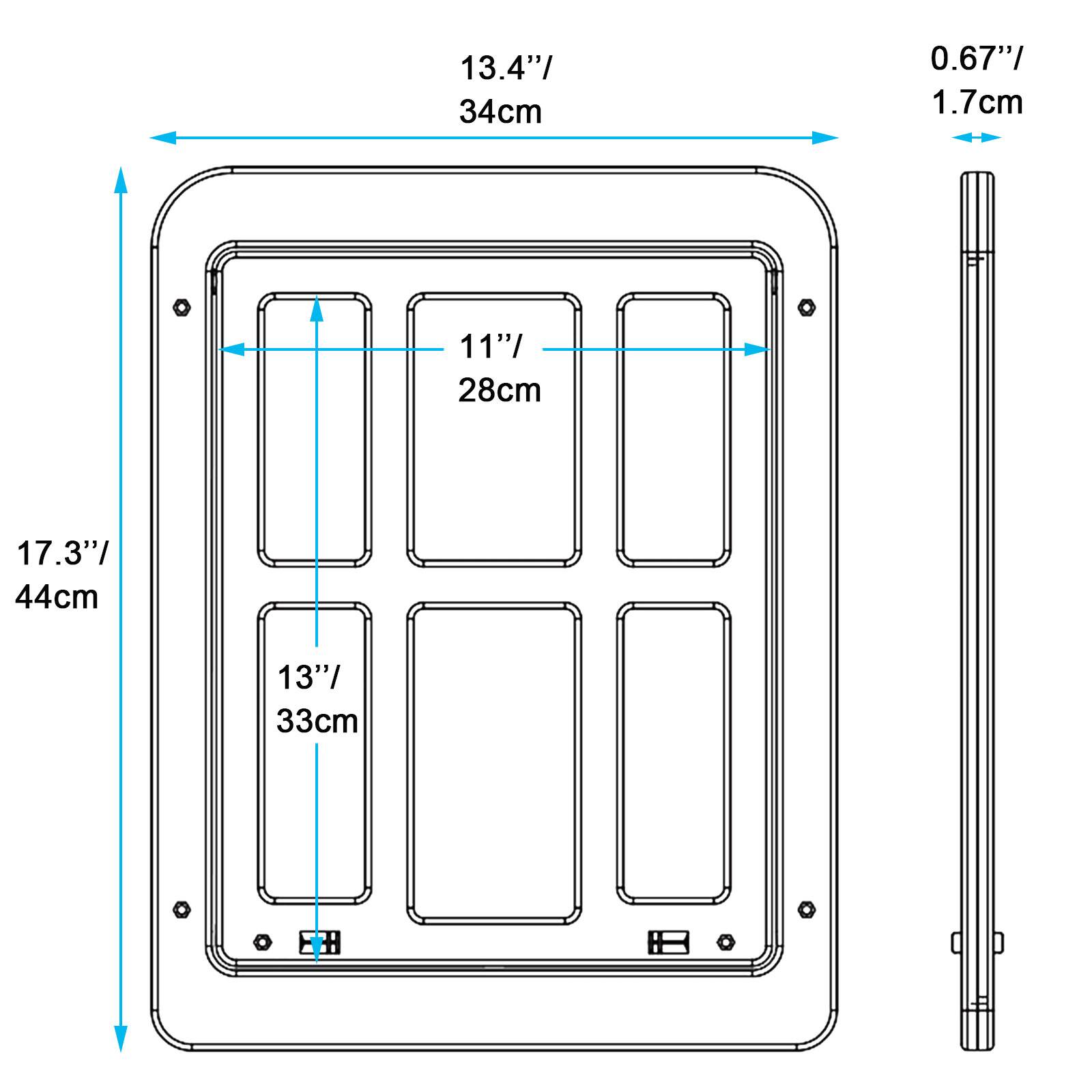 13.4" / 34cm  
0.67" / 1.7cm  
11" / 28cm  
17.3" / 44cm  
13" / 33cm